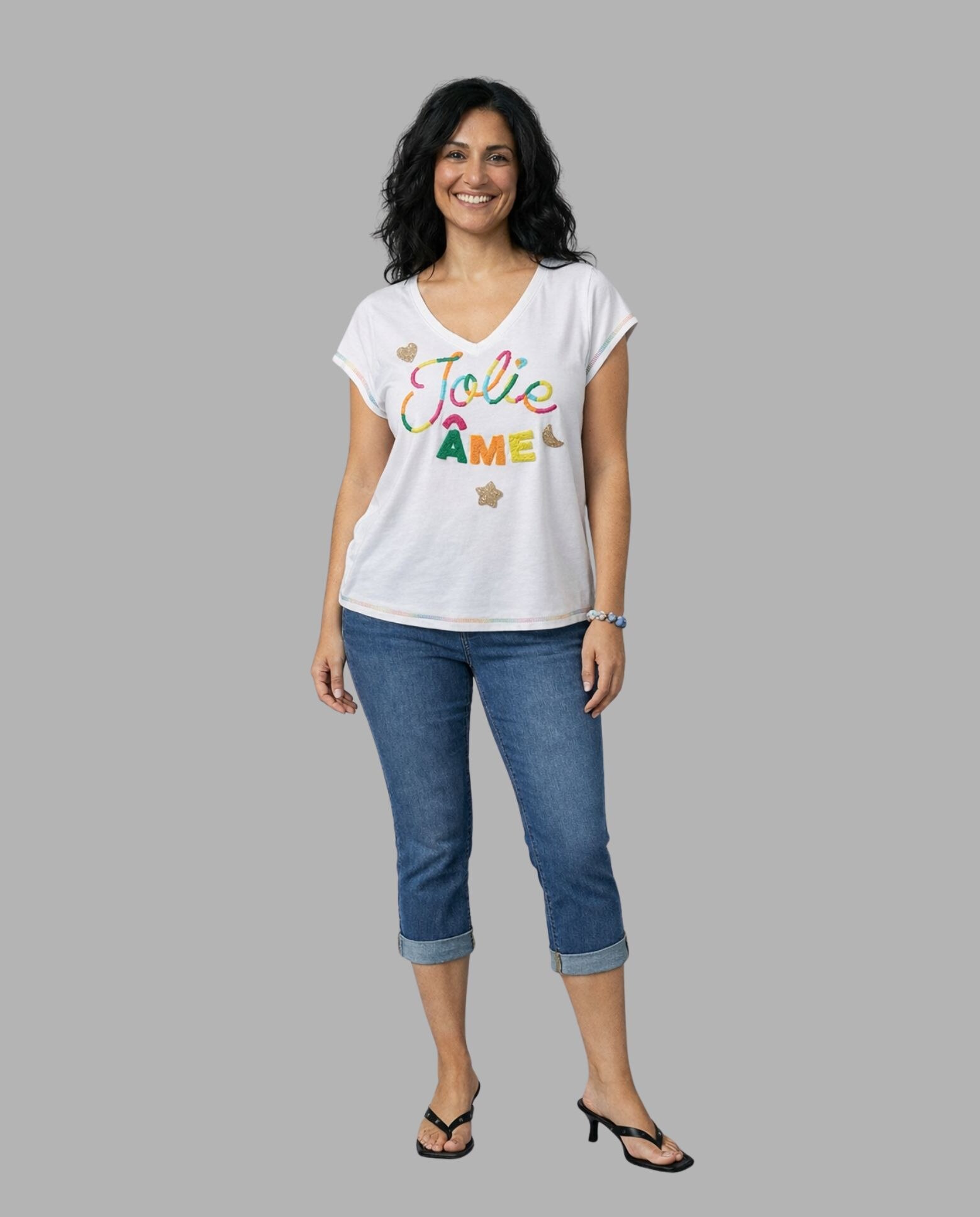 Camiseta de mujer de mujer escote pico abalorios en delantero - October - Blanco Blanco-4