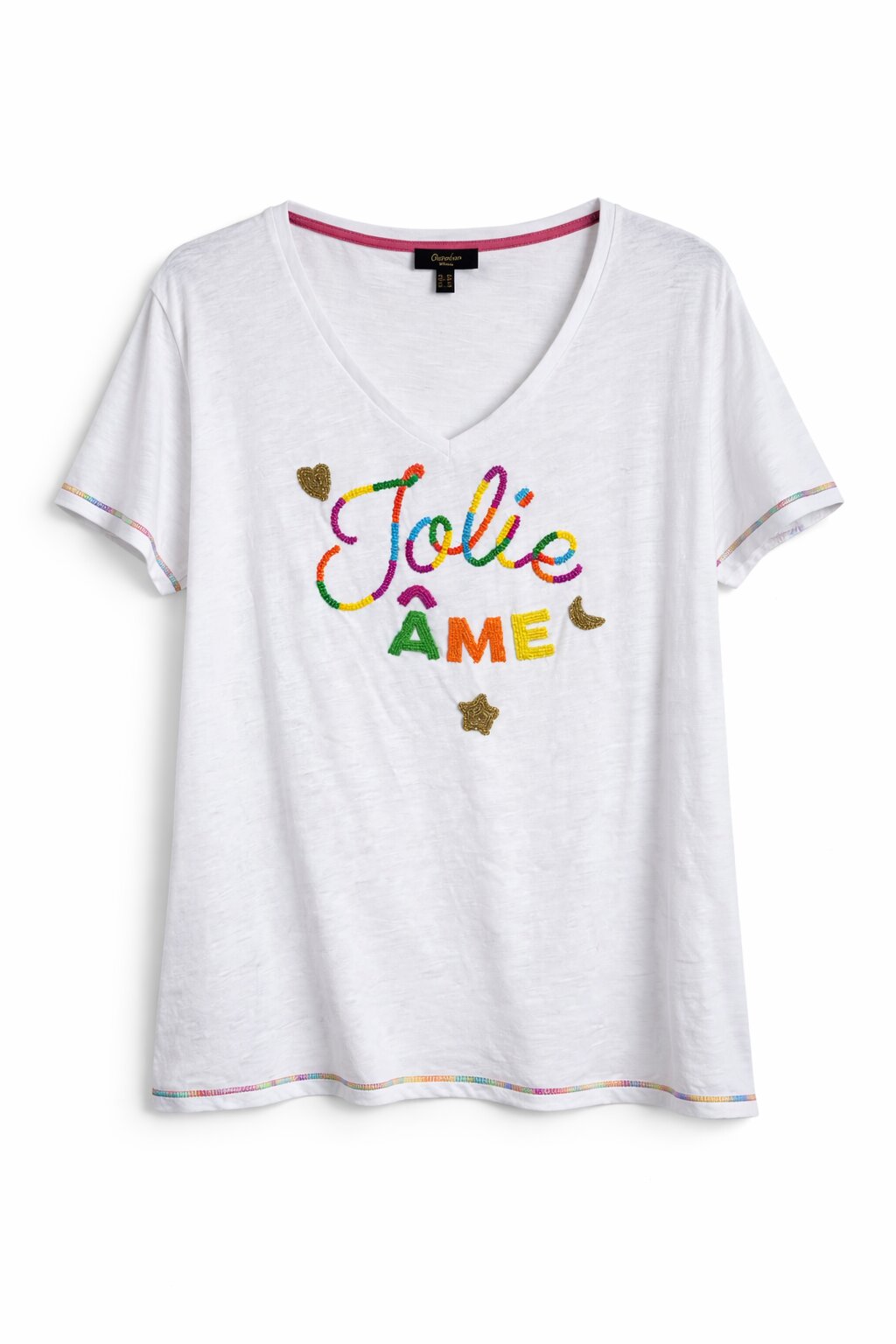 Camiseta de mujer de mujer escote pico abalorios en delantero - October - Blanco Blanco-5