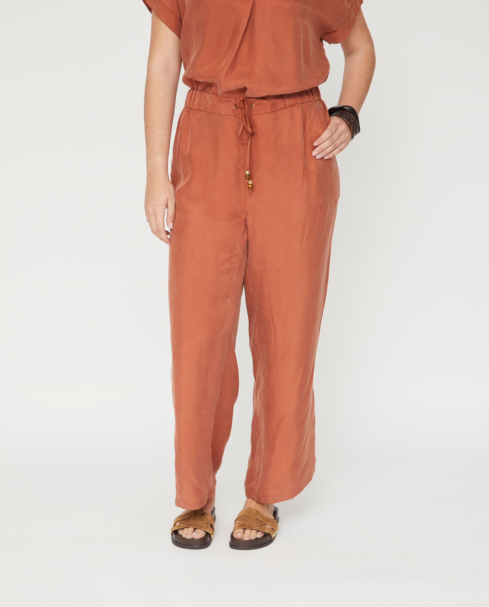 Pantalones rectos de mujer con cintura ajustable - October - Marrón Marrón-4