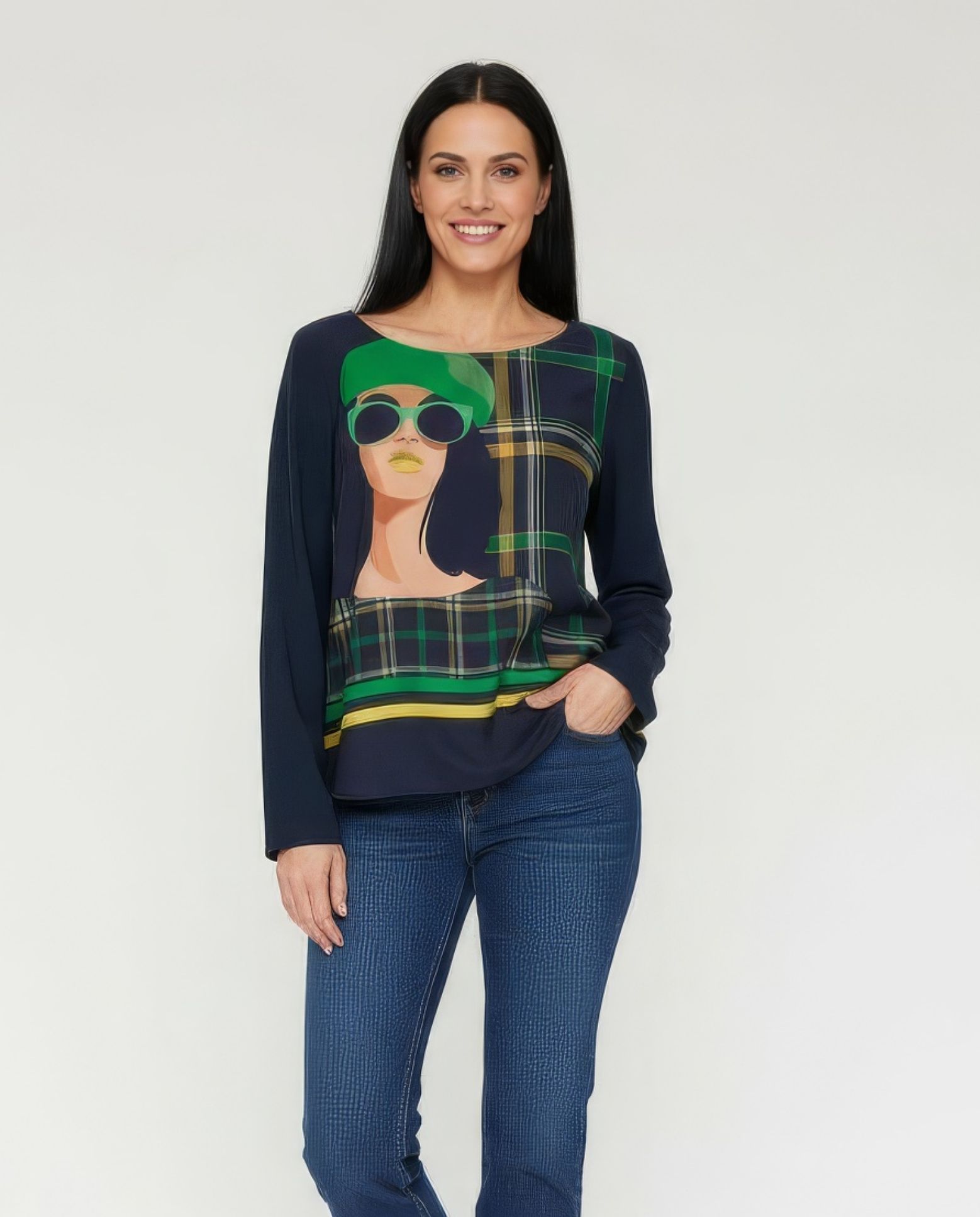 Camiseta de mujer bimateria estampado chica con cuadros - October - Azul marino Azul marino-1