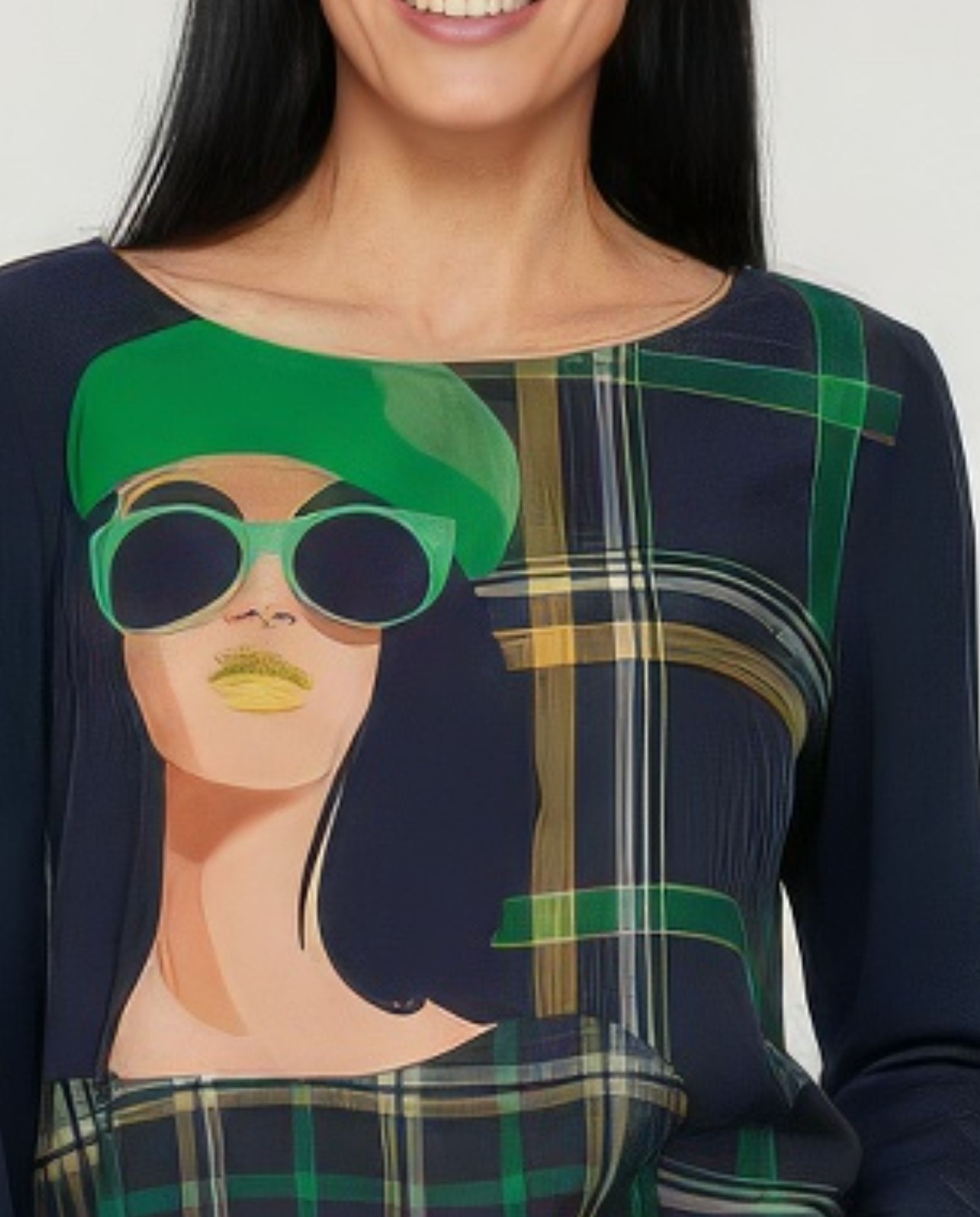 Camiseta de mujer bimateria estampado chica con cuadros - October - Azul marino Azul marino-3
