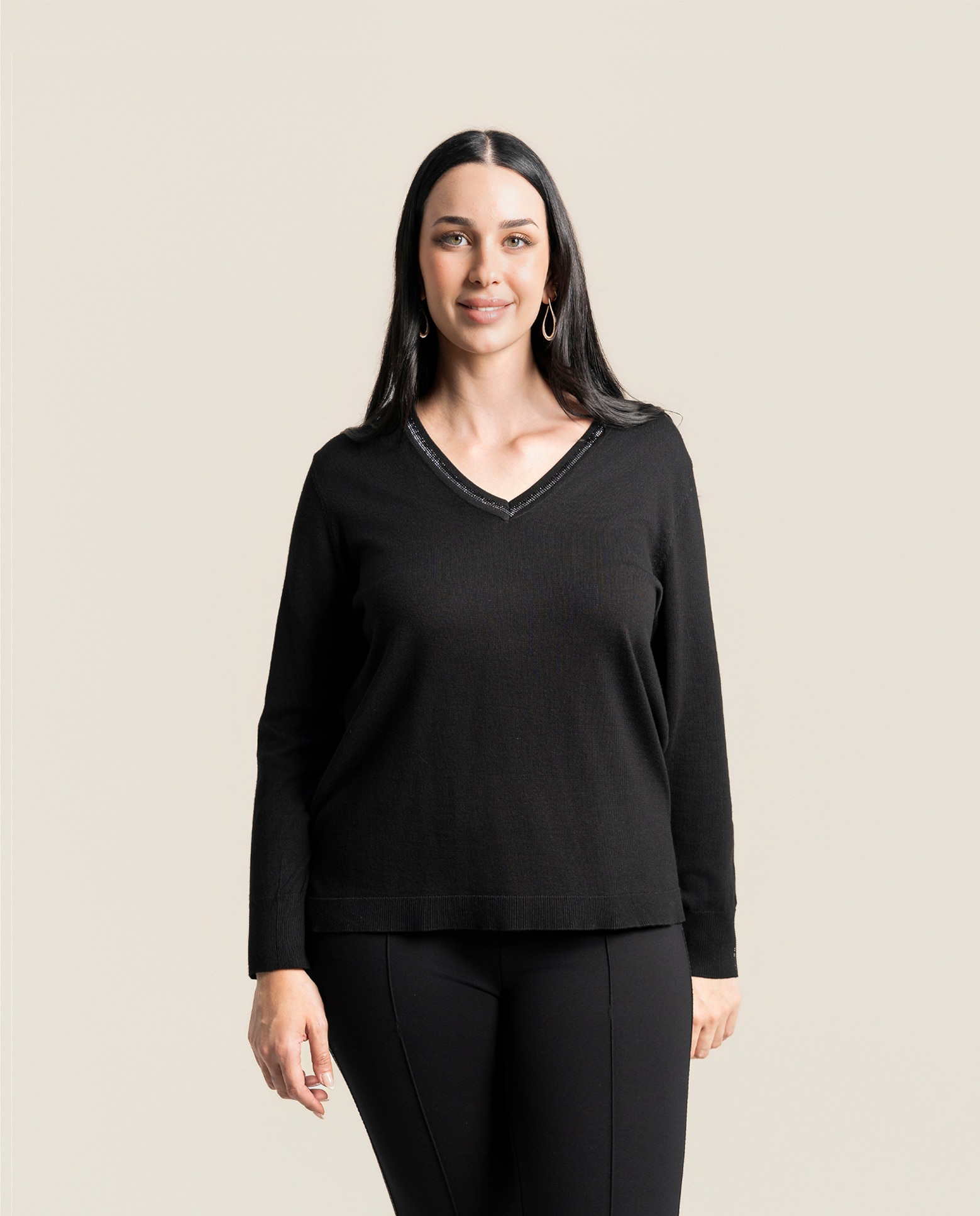 Jersey escote pico con detalle de strass - October - Negro Negro-1