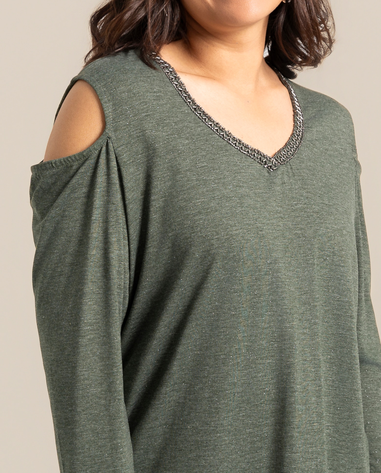Camiseta manga tres cuartos detalle de strass - October - Verde militar Verde militar-3