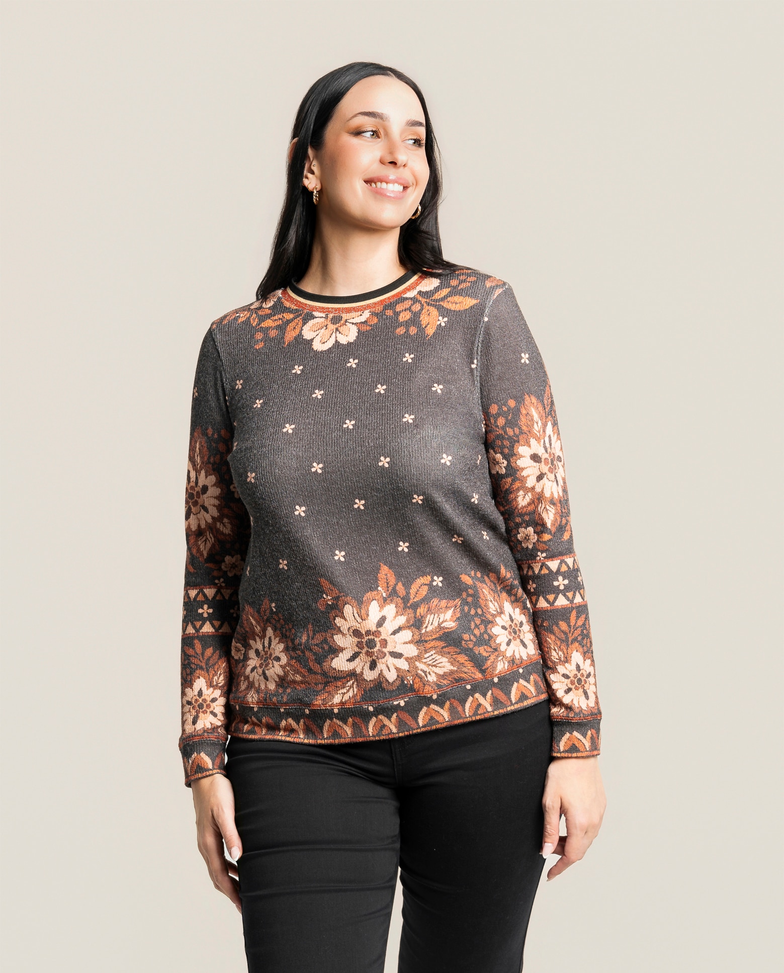 Sueter estampado con cuello redondo y manga larga - October - Negro Negro-1