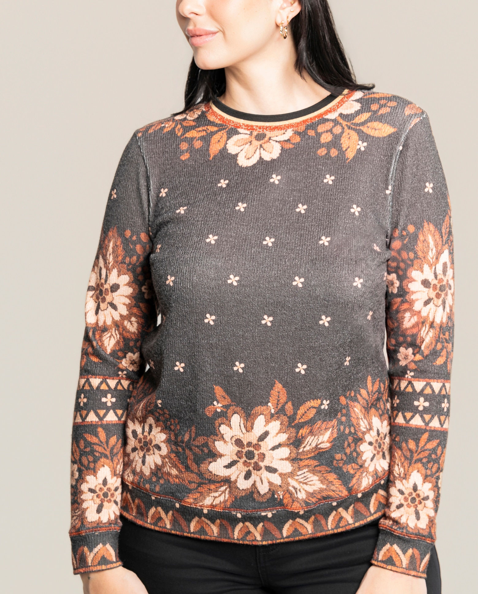 Sueter estampado con cuello redondo y manga larga - October - Negro Negro-3