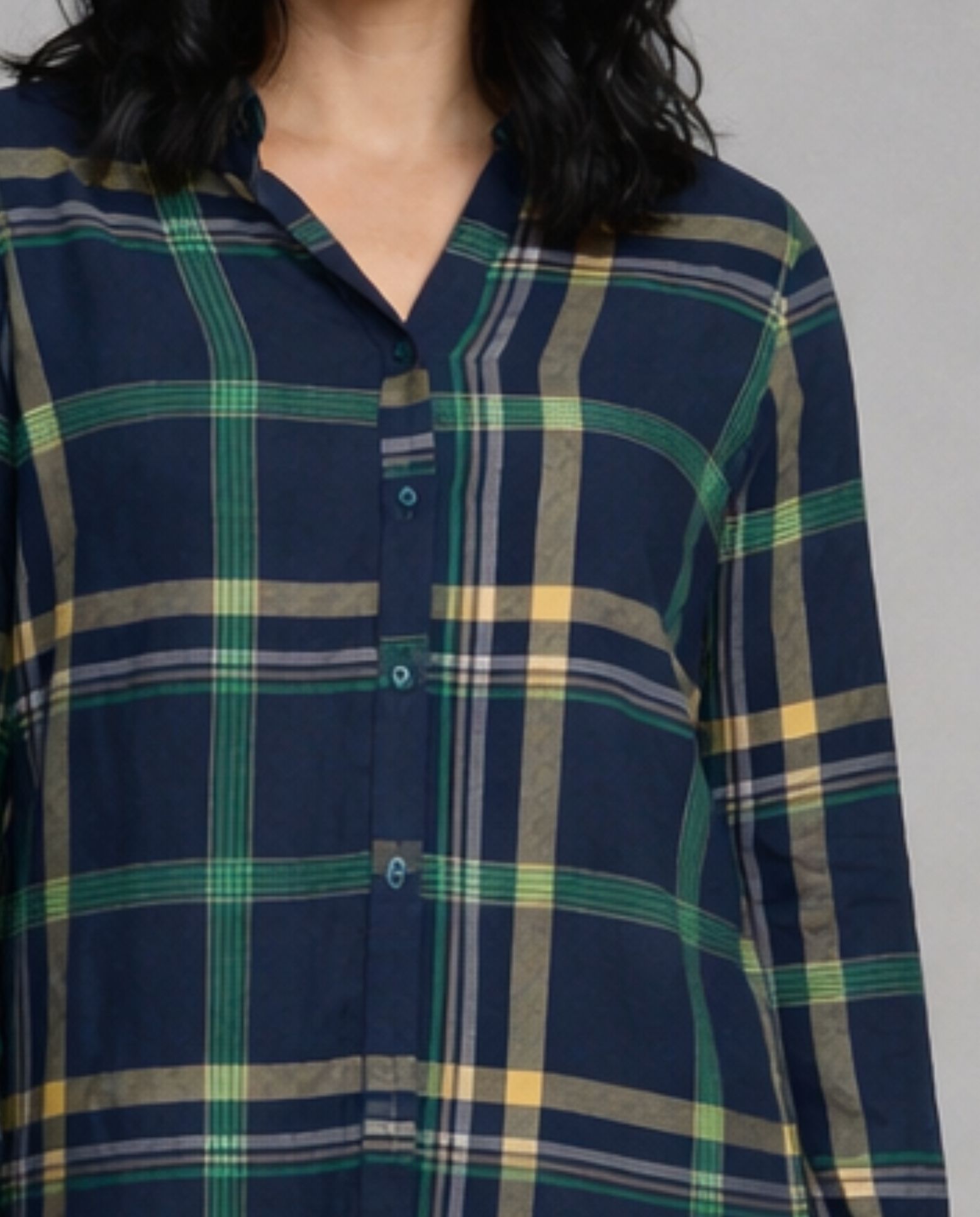 Blusa de mujer de cuadros con cuello mao - October - Azul marino Azul marino-3