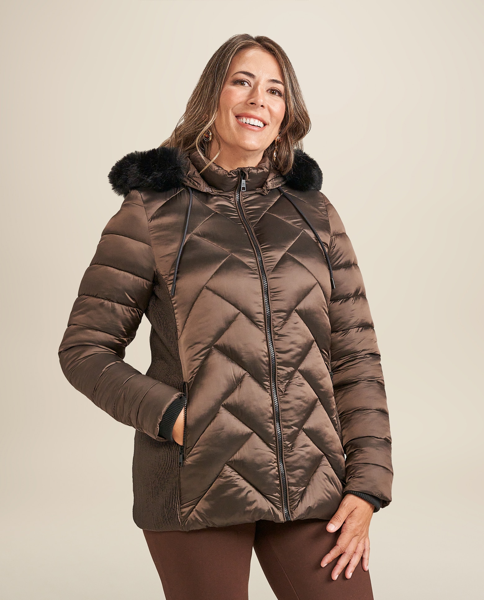 Parka media con cuello con pelo desmontable - October - Marrón Marrón-1