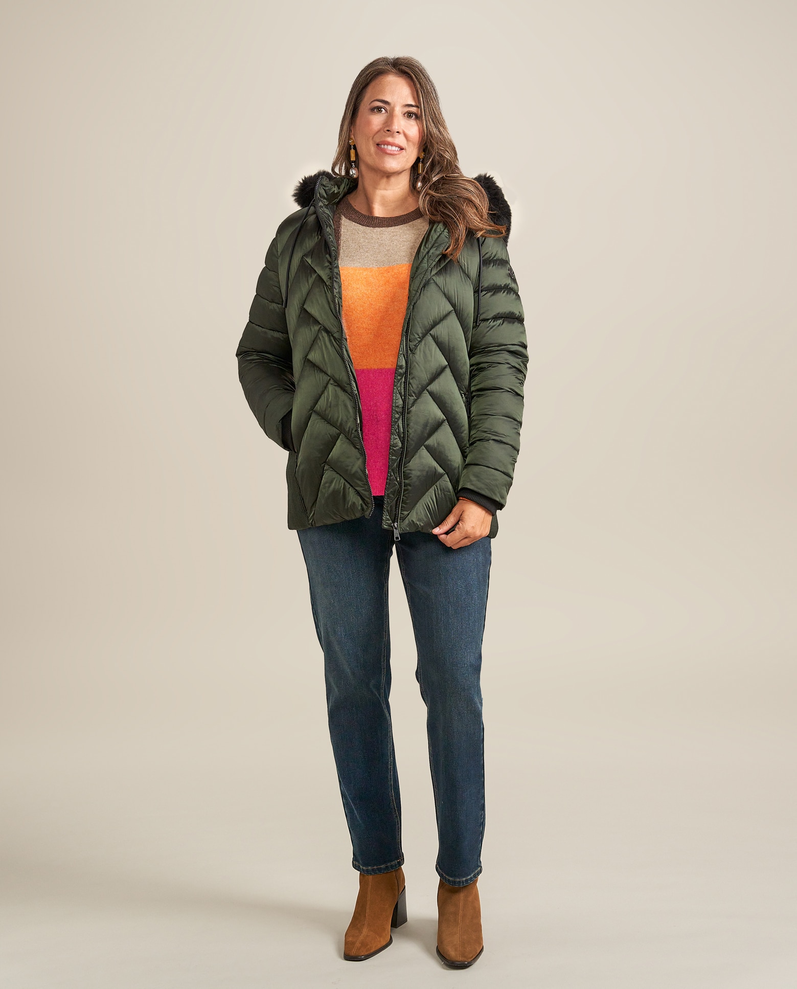 Parka media con cuello con pelo desmontable - October - Verde oscuro Verde oscuro-4