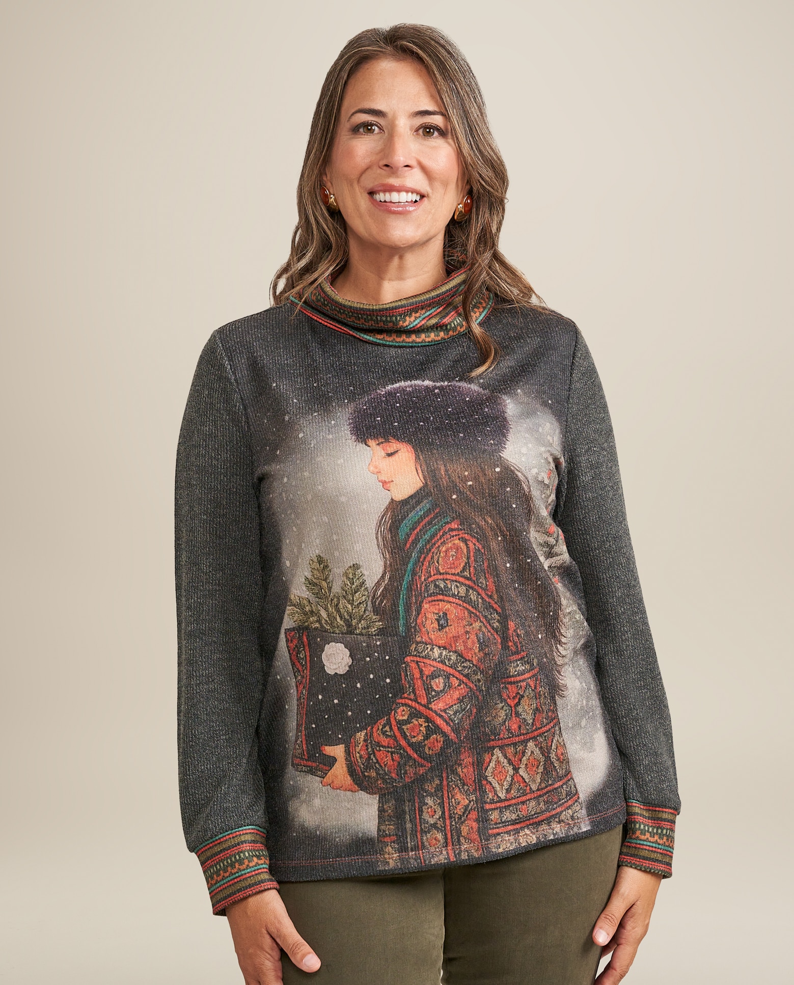 Imagen 1 de Sueter capucha con estampado chica gris Verde militar