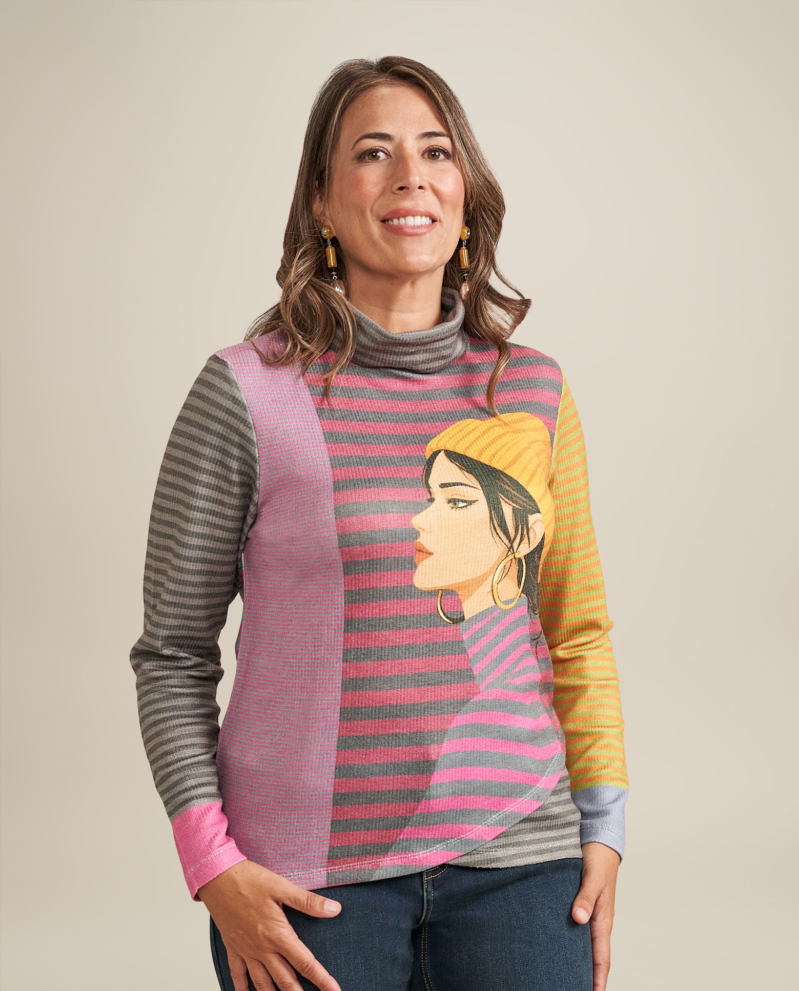 Imagen 0 de Sueter a rayas con estampado de chica en delantero Multicolor