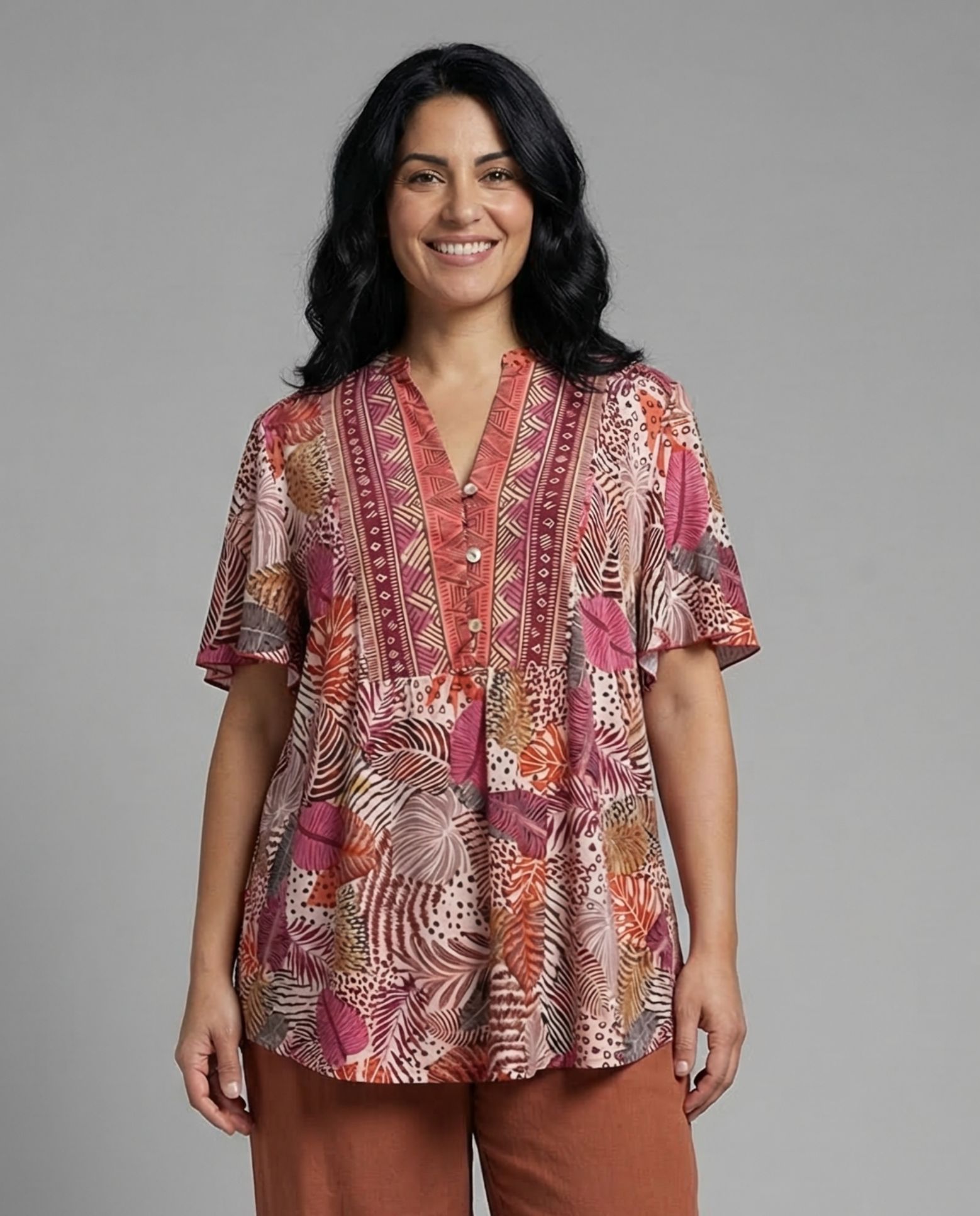 October - Camiseta de mujer estampada palmeras con cenefa.
