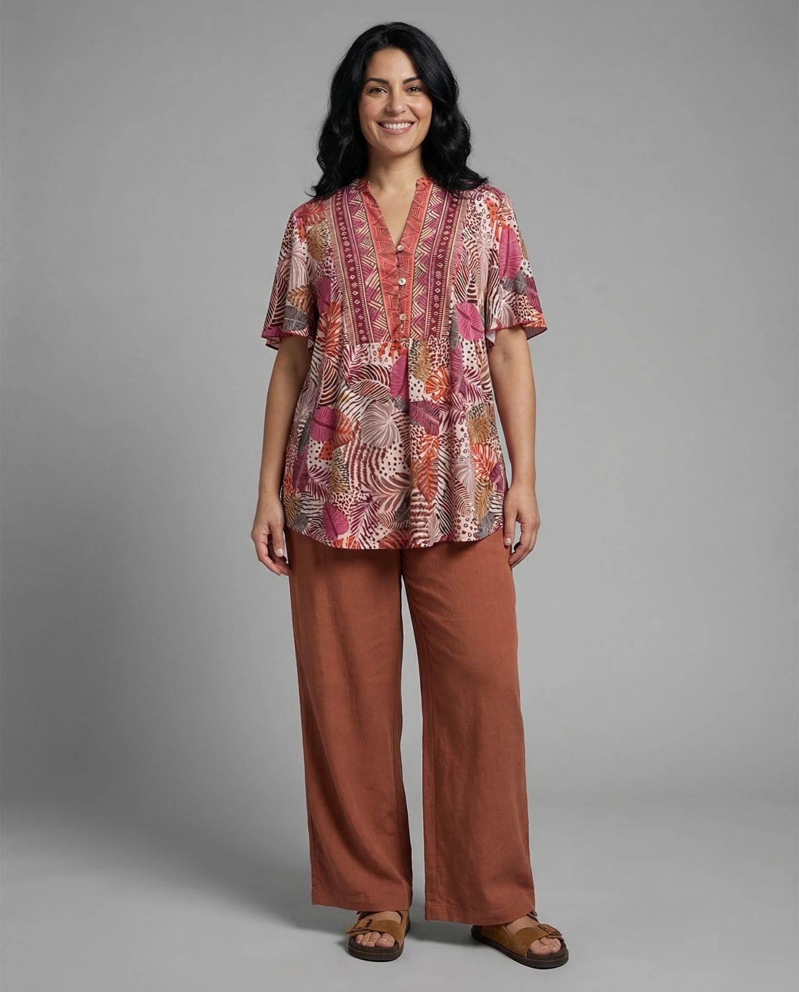 Camiseta de mujer estampada palmeras con cenefa - October - Multicolor Multicolor-4