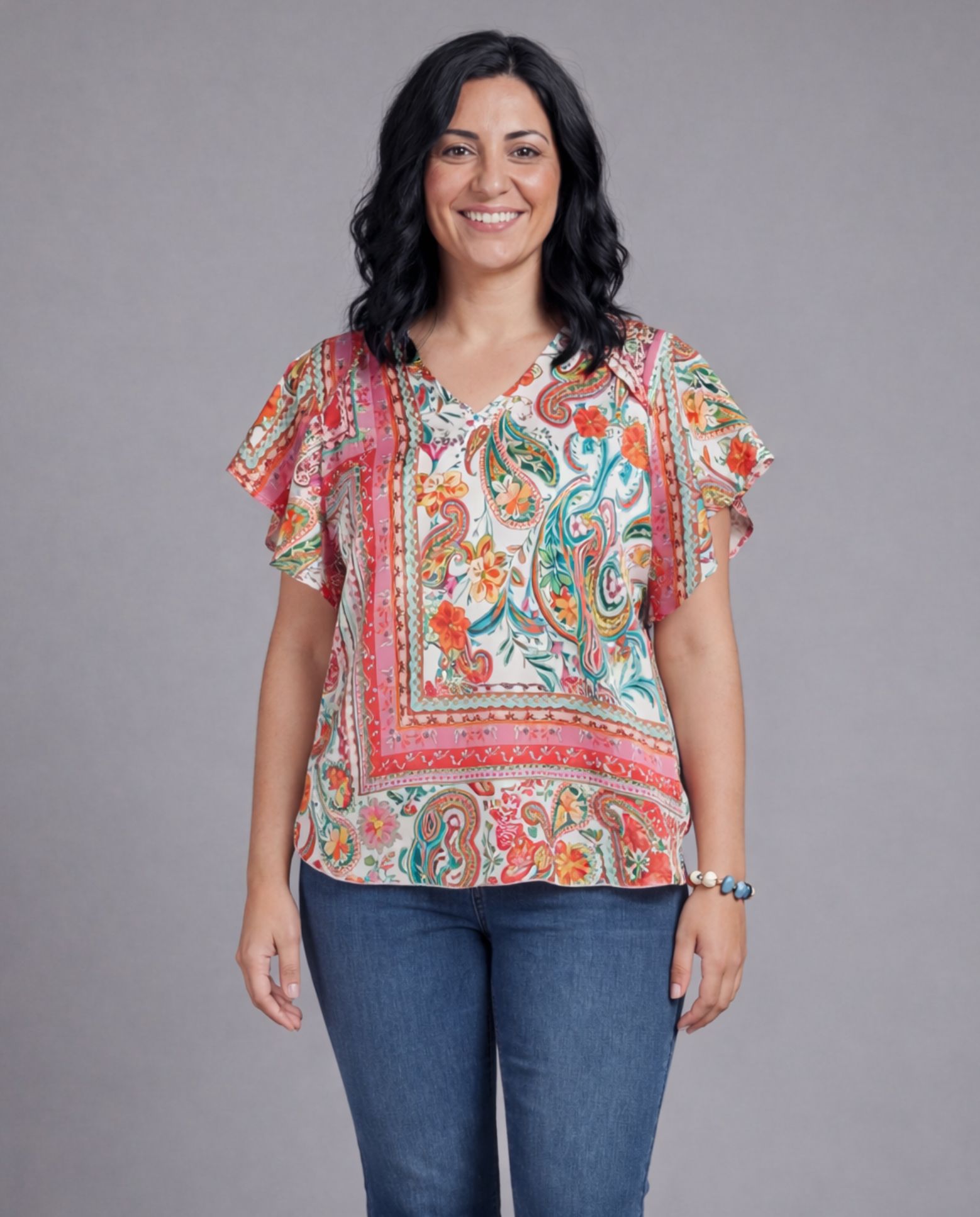 Blusa de mujer de mujer estampada cuello de pico. manga corta. - October - Multicolor Multicolor-1