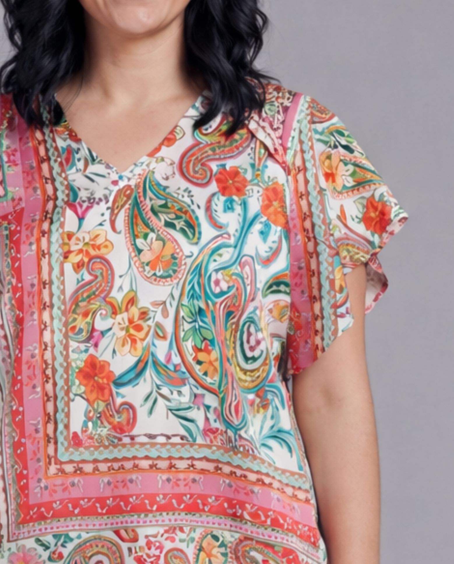 Blusa de mujer de mujer estampada cuello de pico. manga corta. - October - Multicolor Multicolor-3