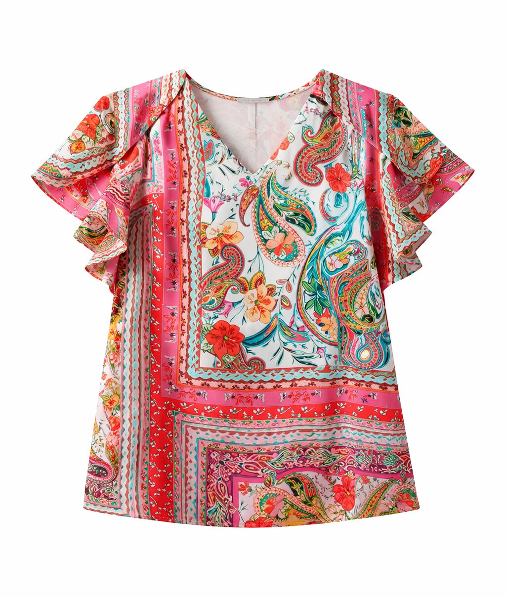 Blusa de mujer de mujer estampada cuello de pico. manga corta. - October - Multicolor Multicolor-5