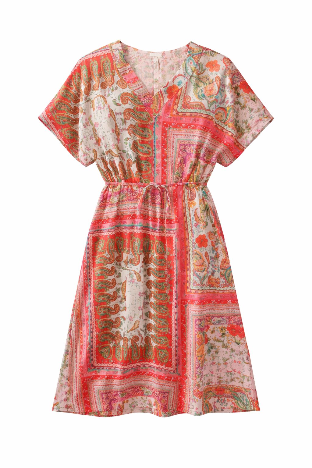 Imagen 5 de Vestido estampado largo midi con cuello de pico. manga corta con hombro caido y cintura elastca. - October - Multicolor Multicolor