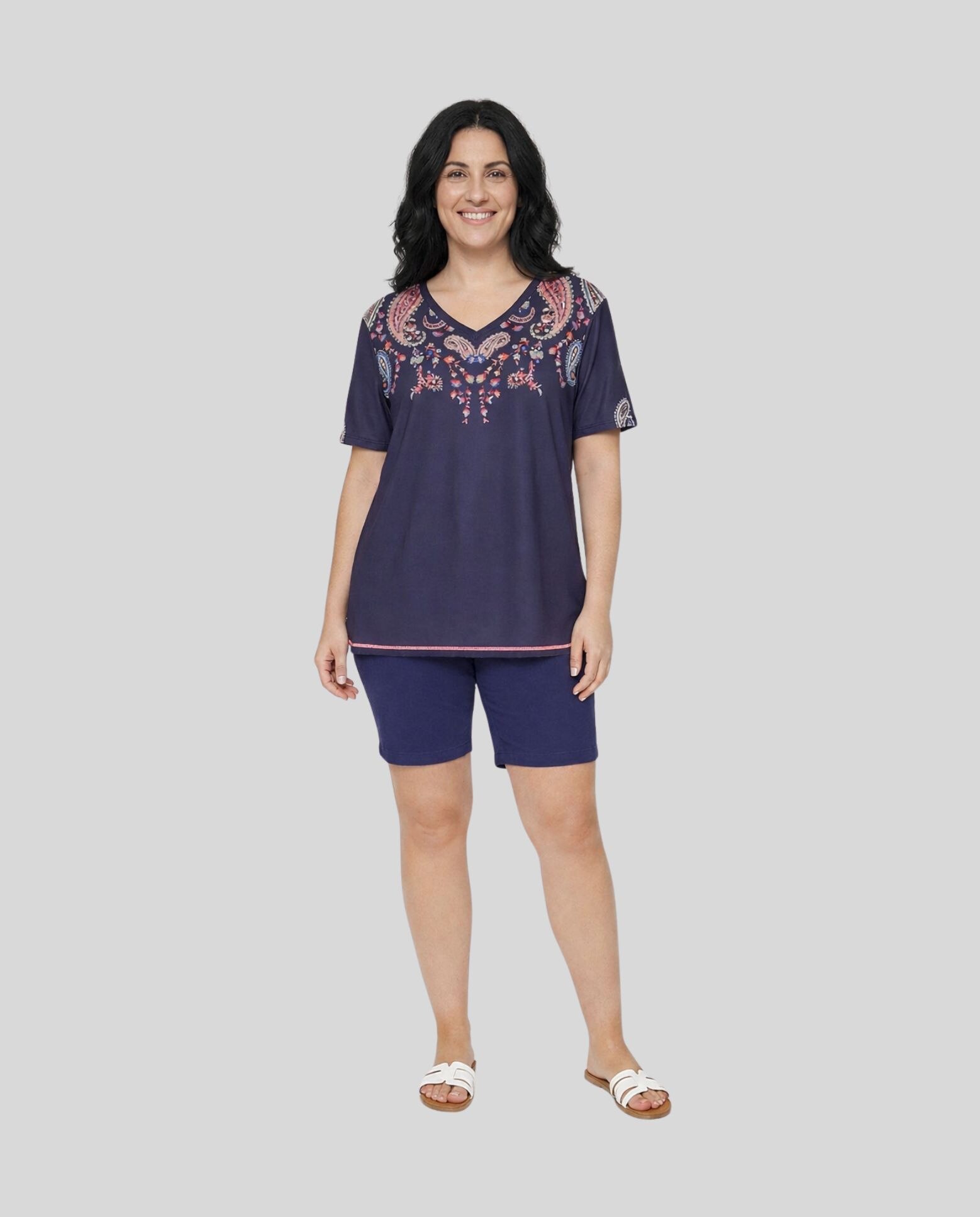 Camiseta de mujer de mujer estampada cuello redondo. manga tres cuartos. - October - Azul Azul-4