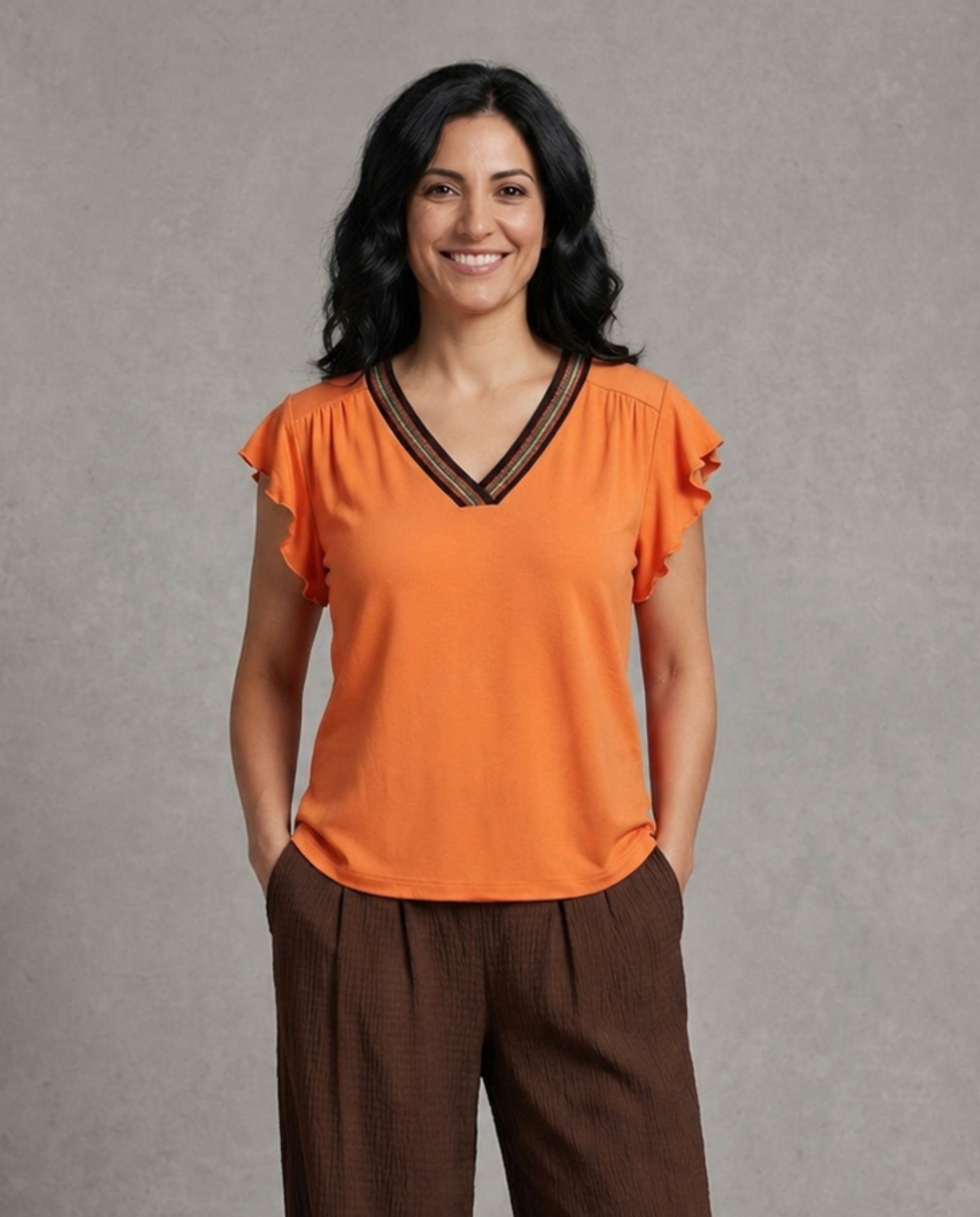 Camiseta con rib en escote y manga volante - October - Naranja Naranja-1