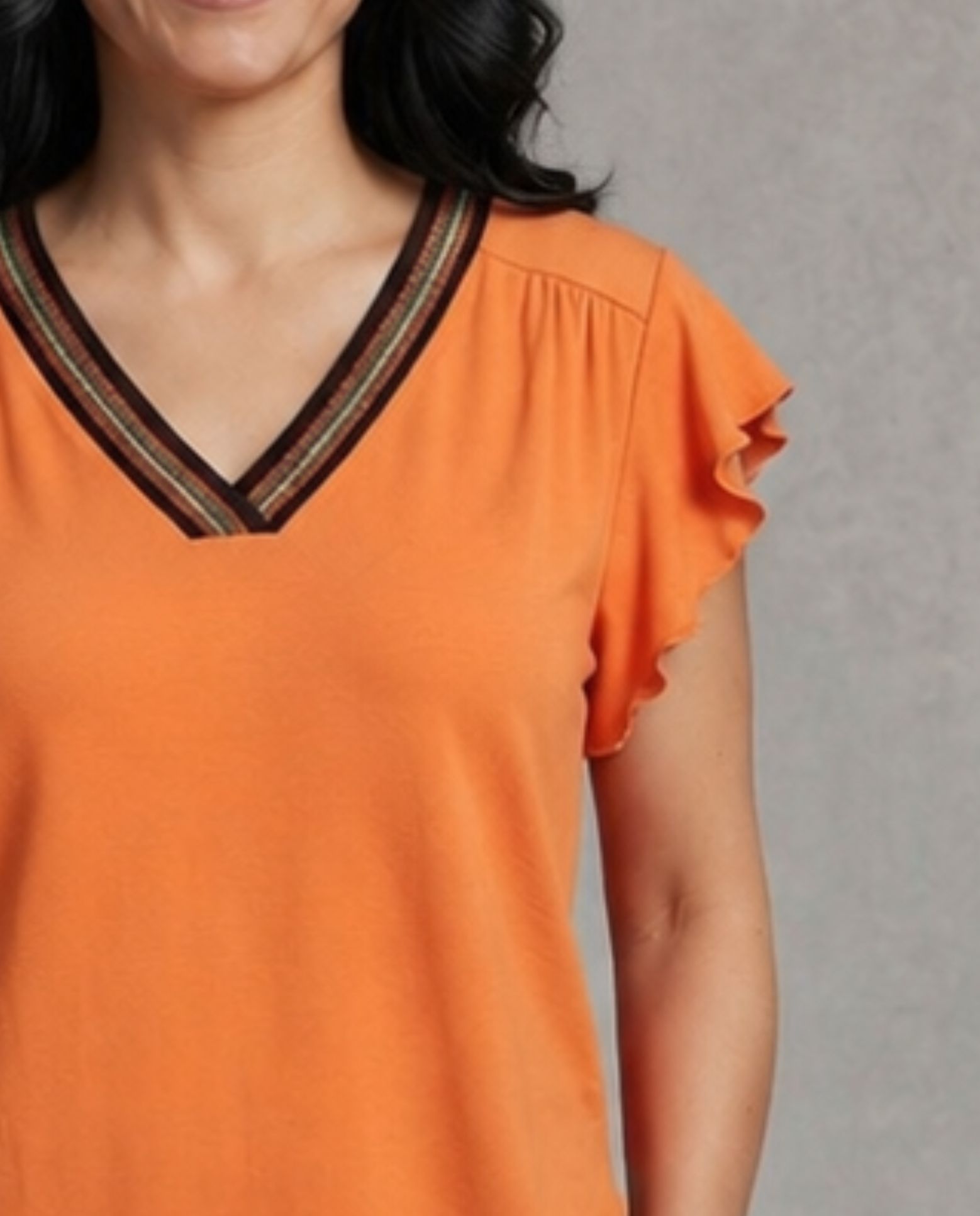 Camiseta con rib en escote y manga volante - October - Naranja Naranja-3
