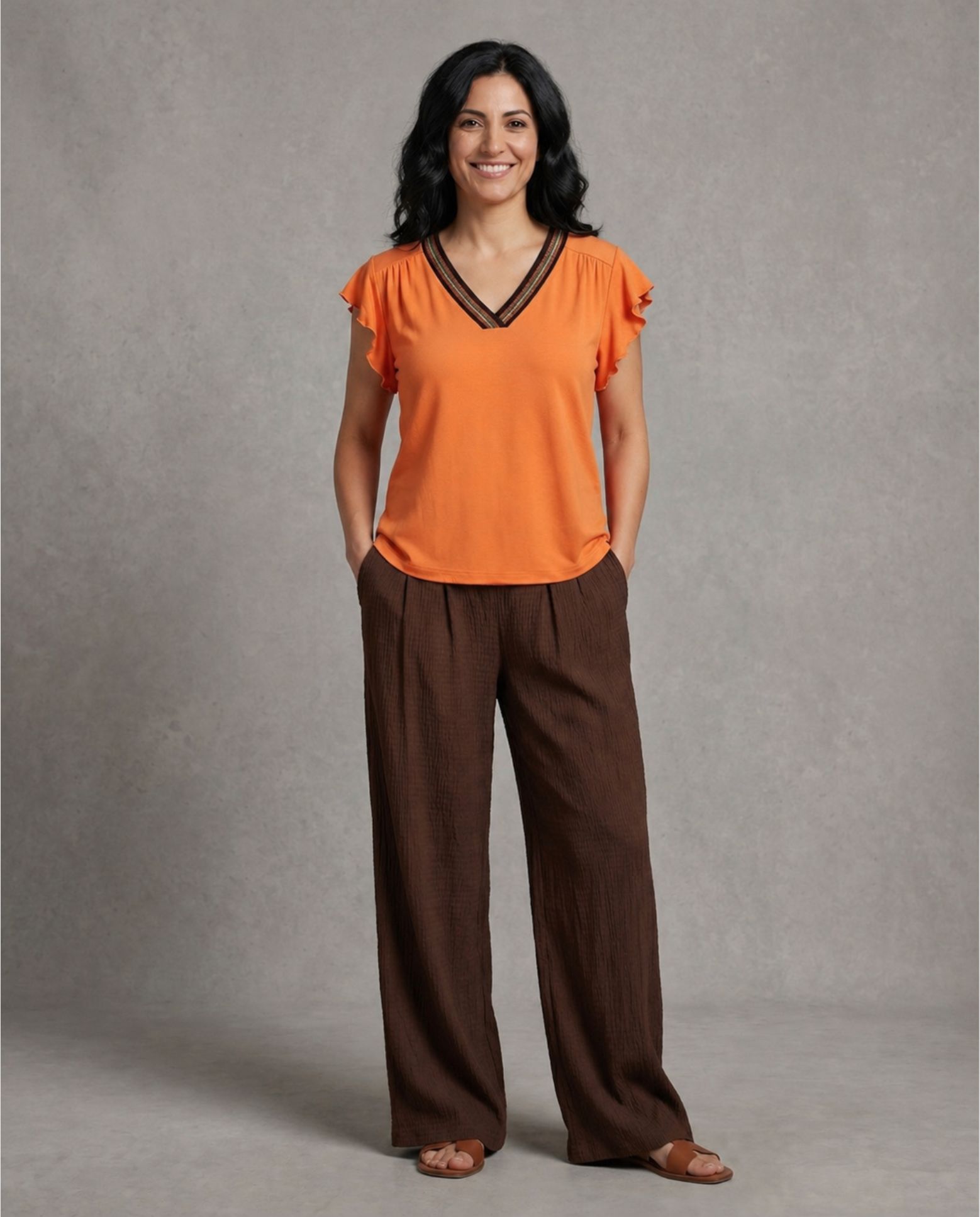 Camiseta con rib en escote y manga volante - October - Naranja Naranja-4