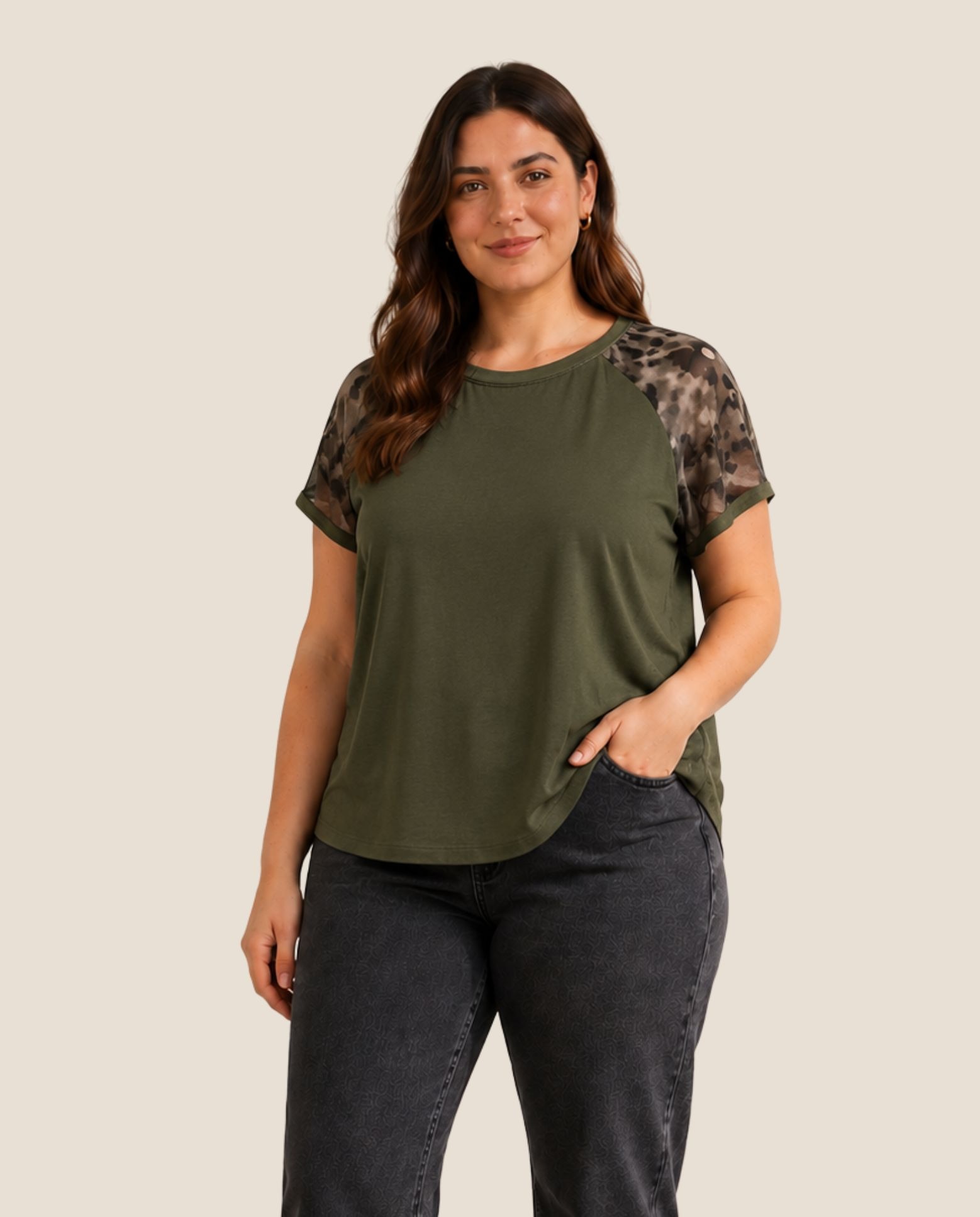 Camiseta con mangas tul estampadas - October - Kaki Kaki-1