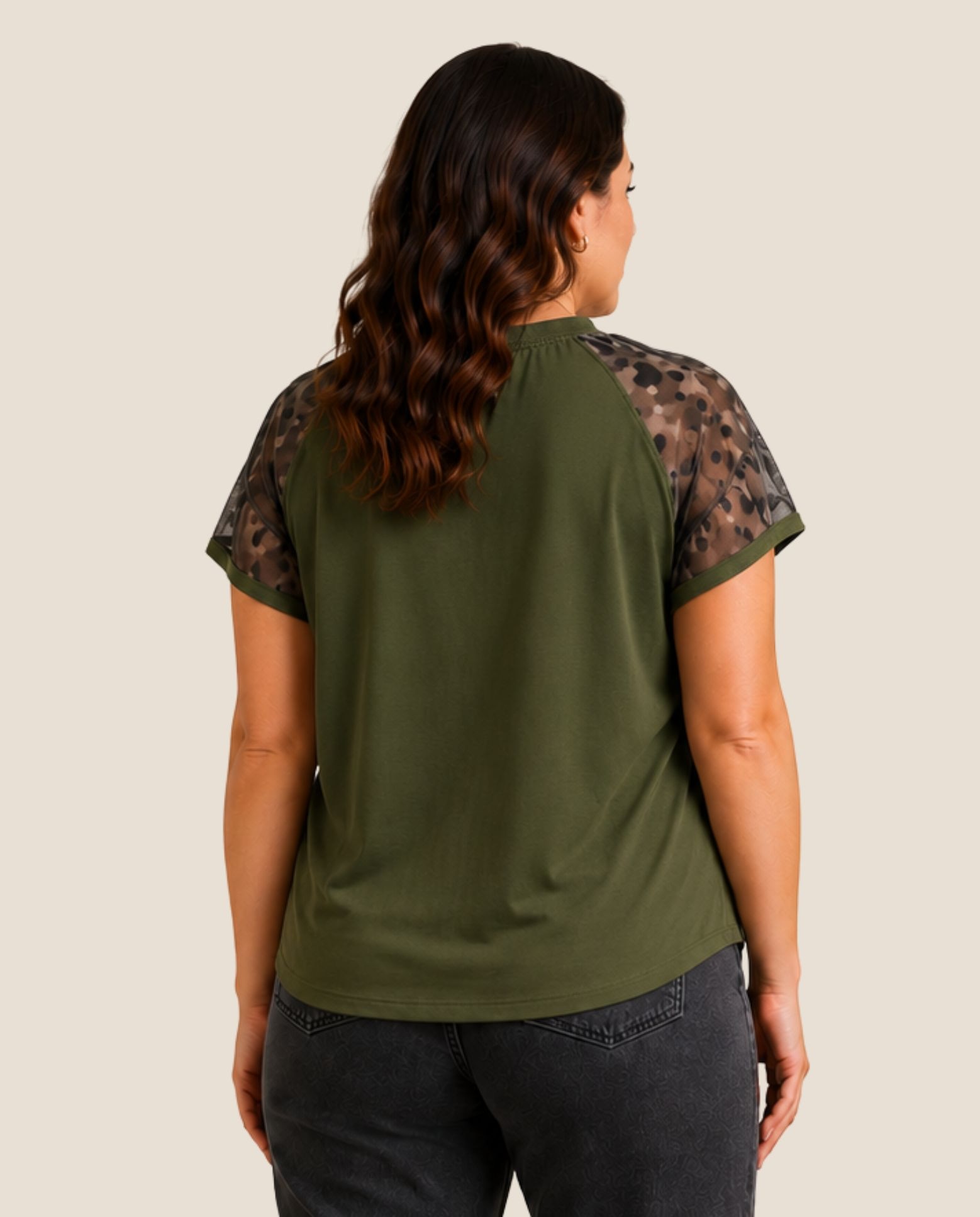 Camiseta con mangas tul estampadas - October - Kaki Kaki-2