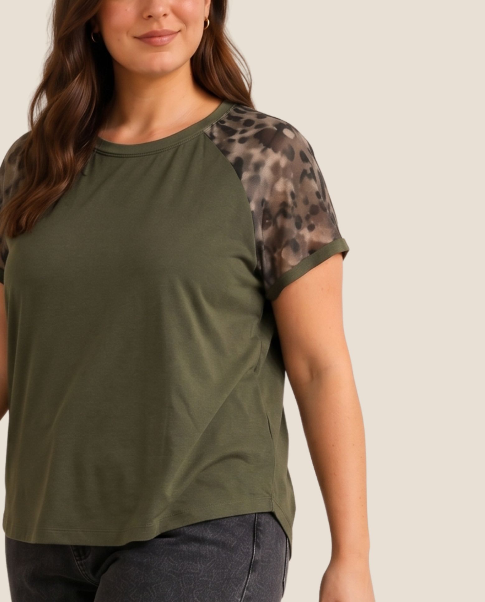 Camiseta con mangas tul estampadas - October - Kaki Kaki-3