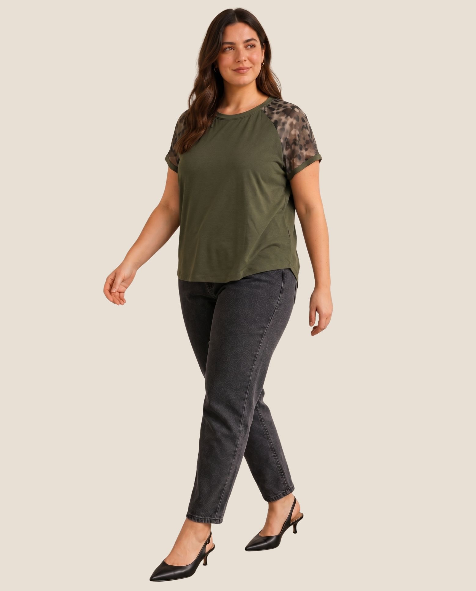 Camiseta con mangas tul estampadas - October - Kaki Kaki-4