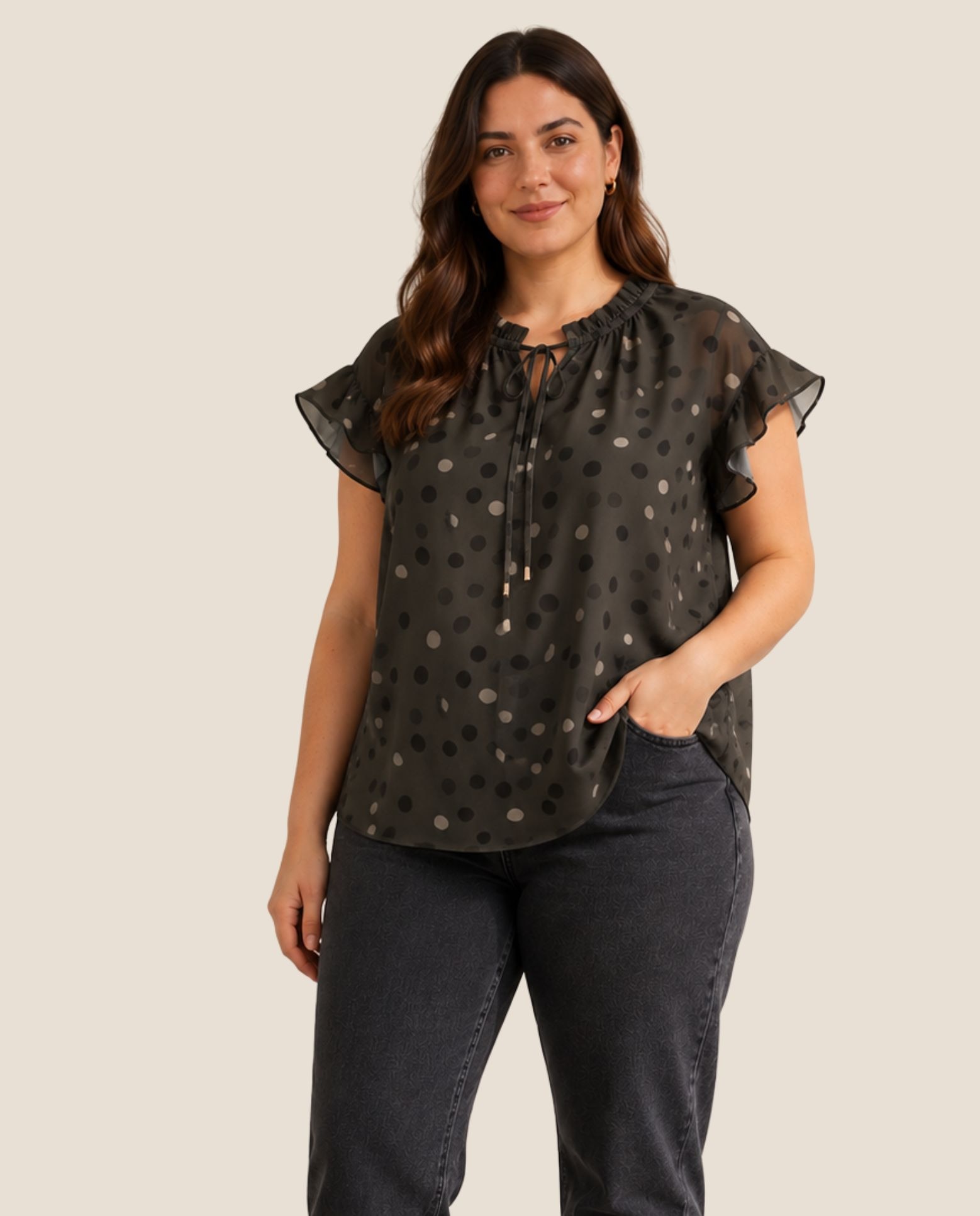 Imagen 0 de Blusa lunares manga volante Kaki