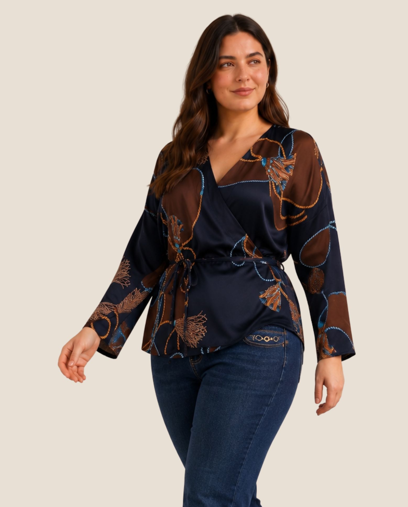 Imagen 0 de Blusa estampada abierta con mangas campana Azul
