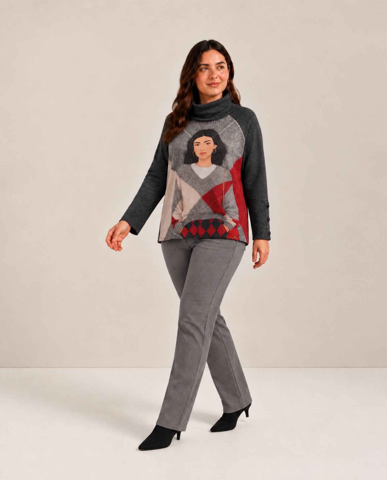 Jersey cuello buche estampado - October - Gris Gris-4