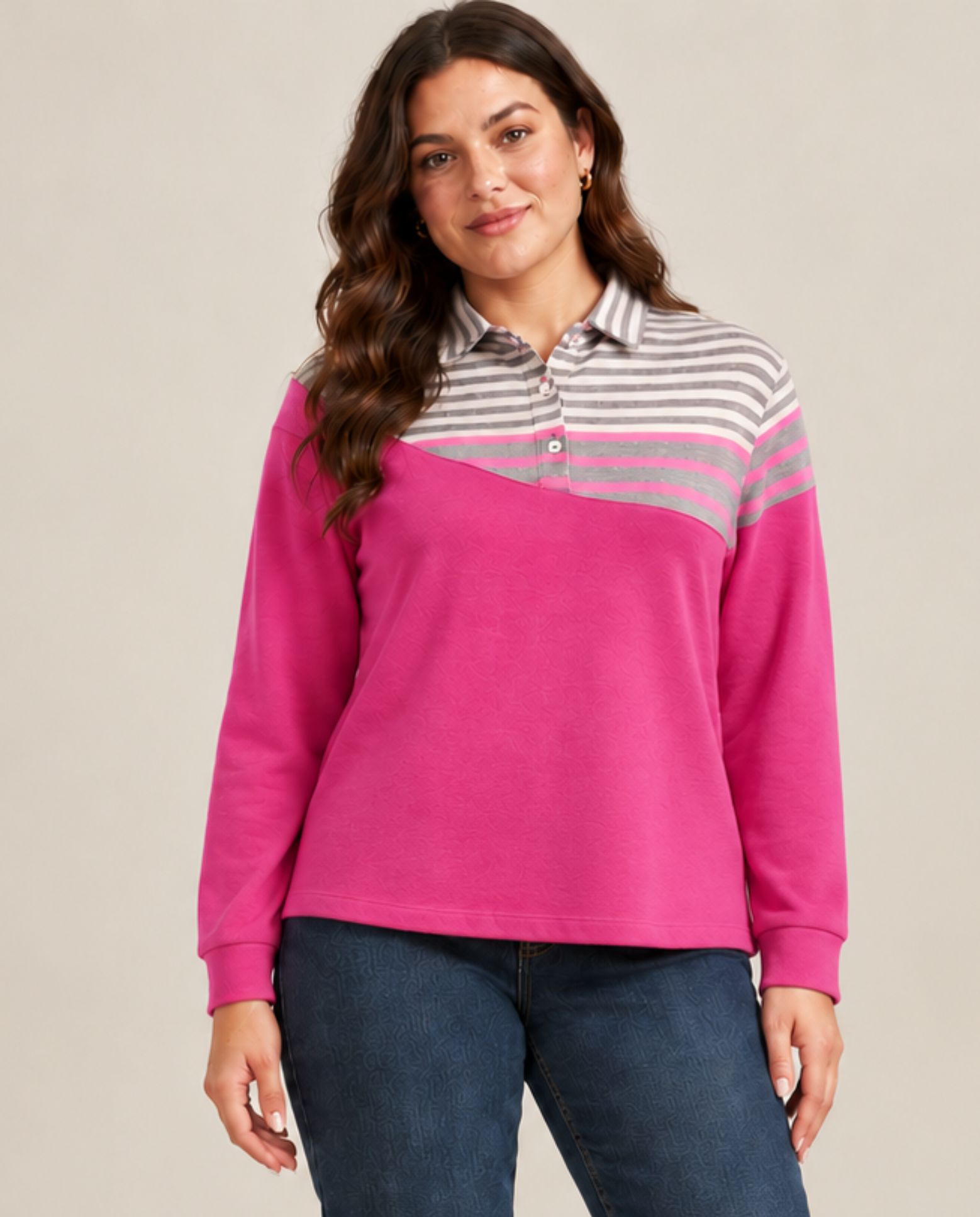 Imagen 1 de Jersey asimetrico con rayas y cuello camisero Fucsia