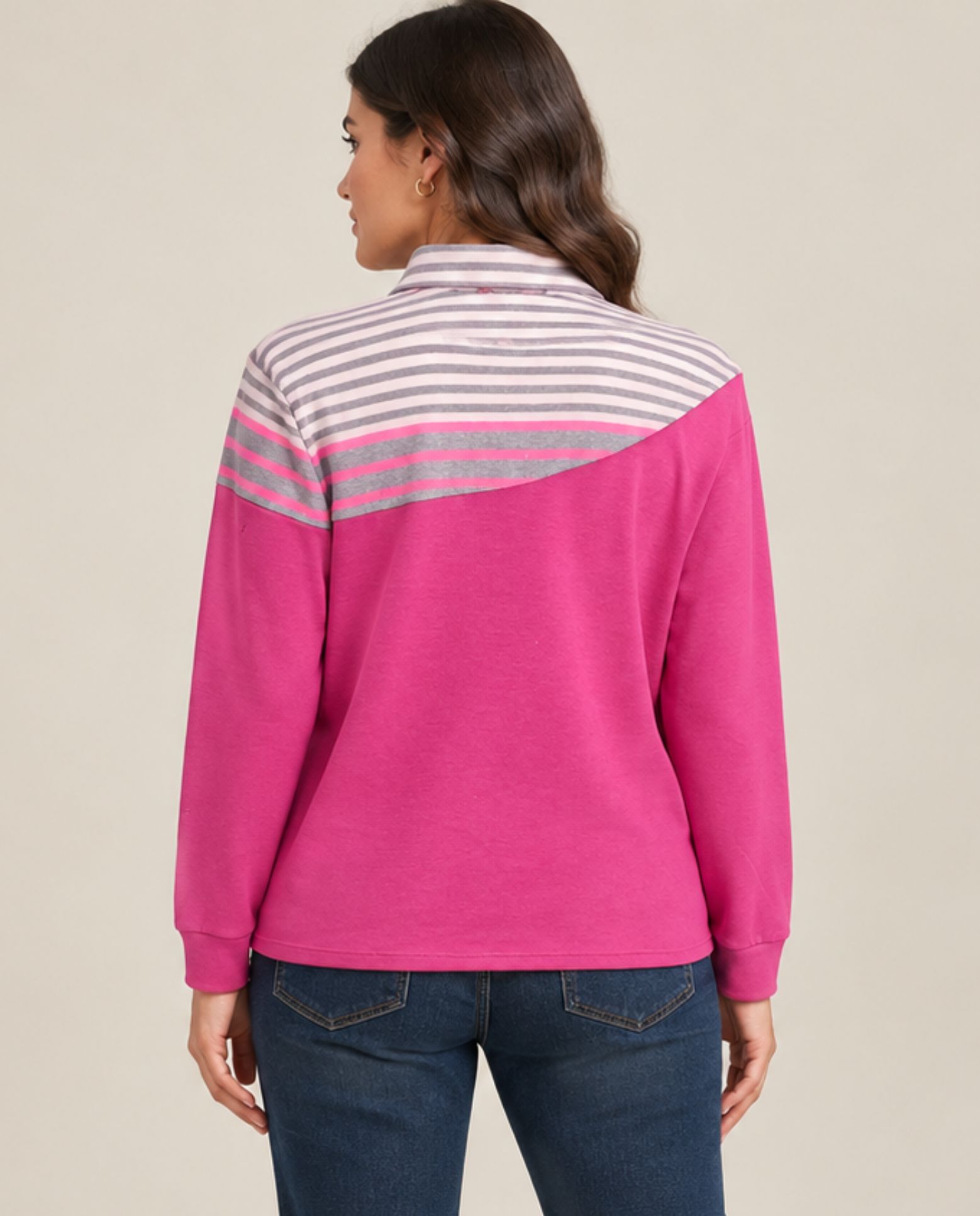 Imagen 2 de Jersey asimetrico con rayas y cuello camisero - October - Fucsia Fucsia