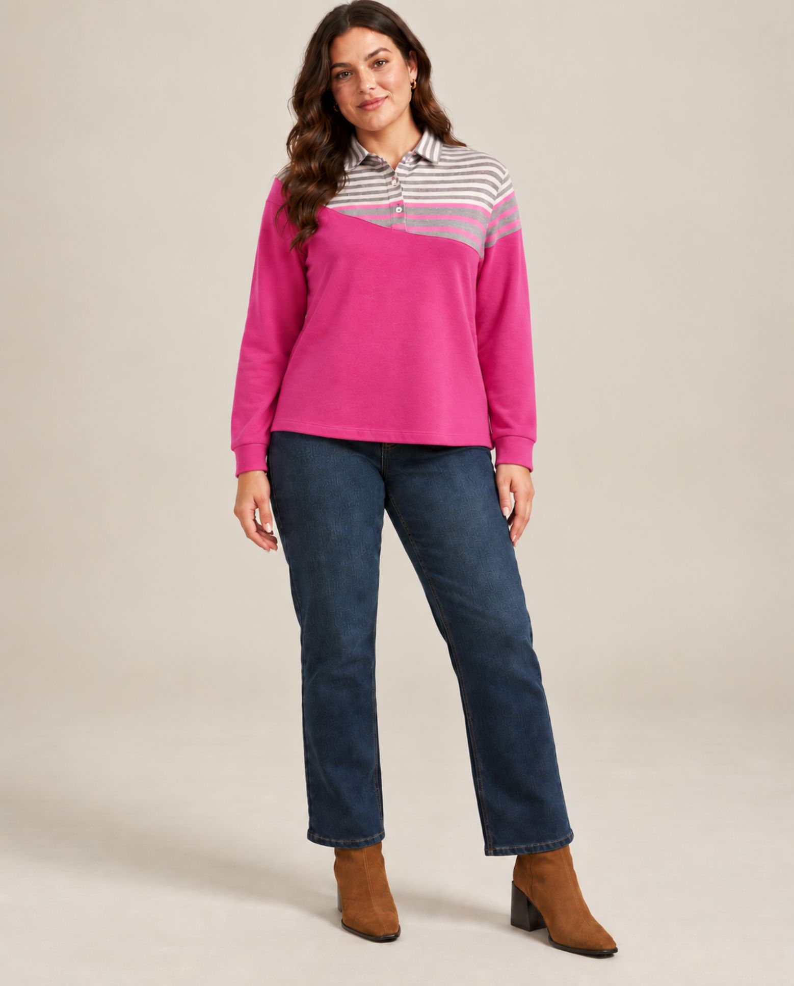 Imagen 4 de Jersey asimetrico con rayas y cuello camisero - October - Fucsia Fucsia