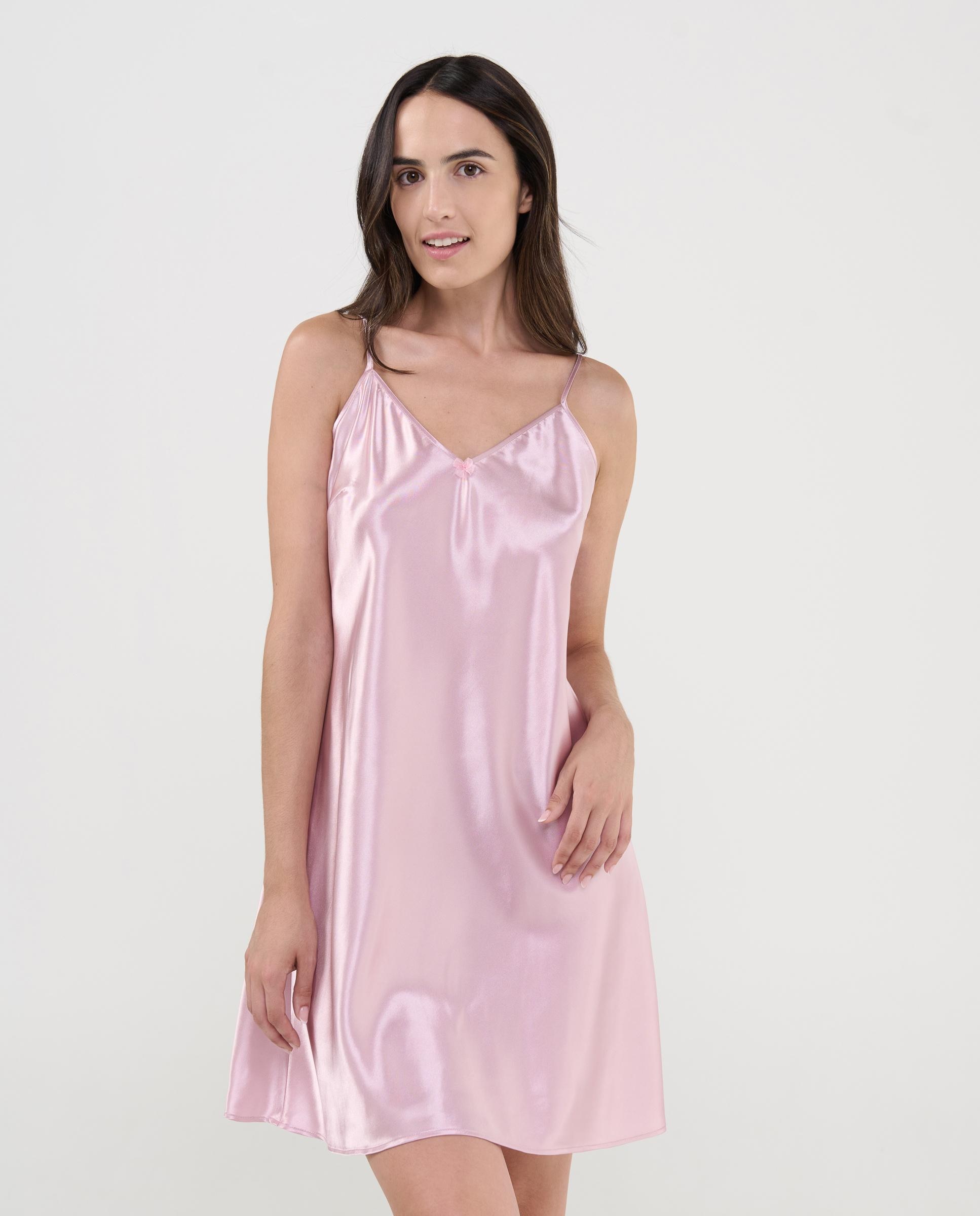 Camisón de mujer corto de raso liso cuello pico y tirantes - Lohe - Rosa pastel Rosa pastel-1
