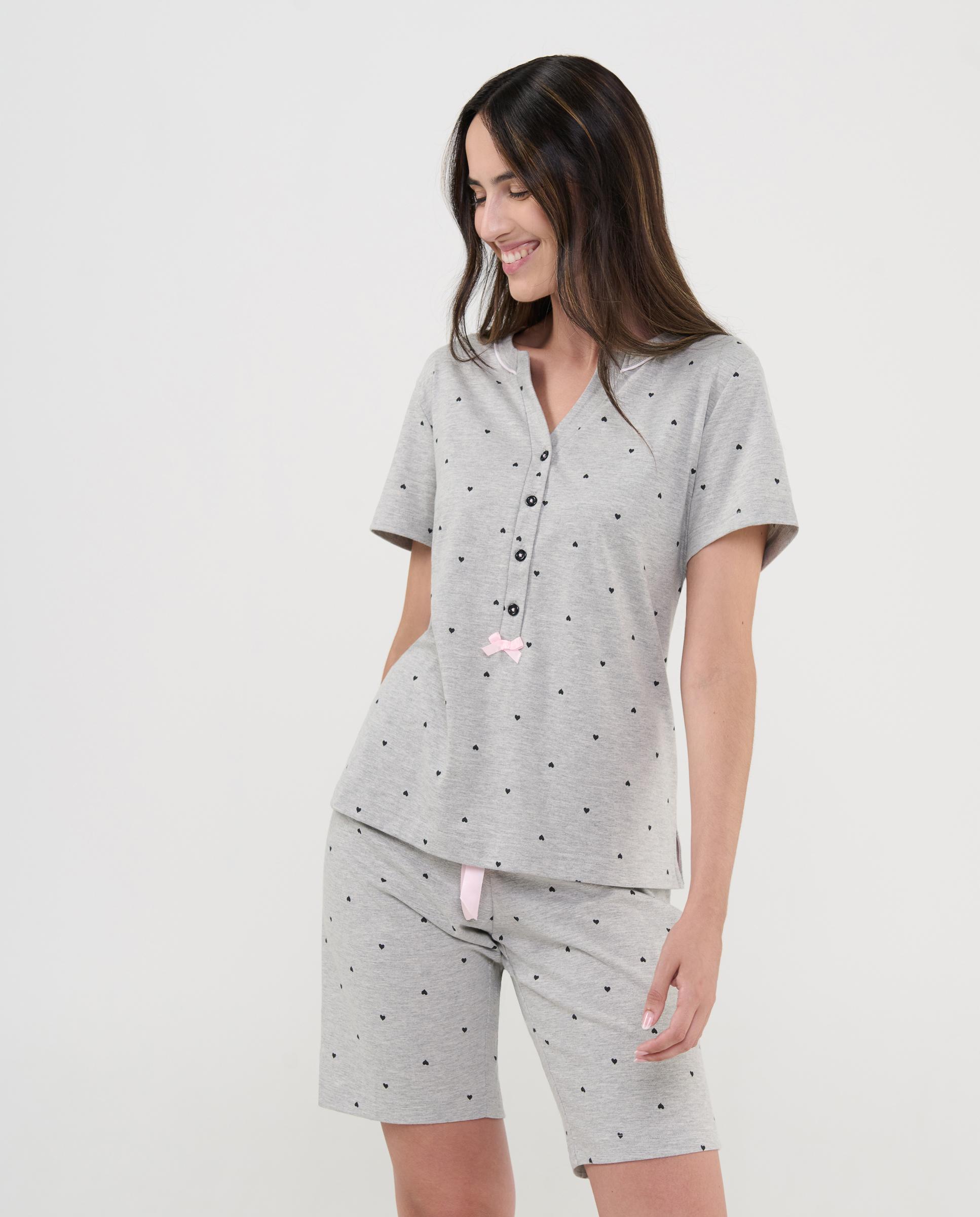 Pijama completo de mujer corto con estampado - Lohe - Gris Gris-1