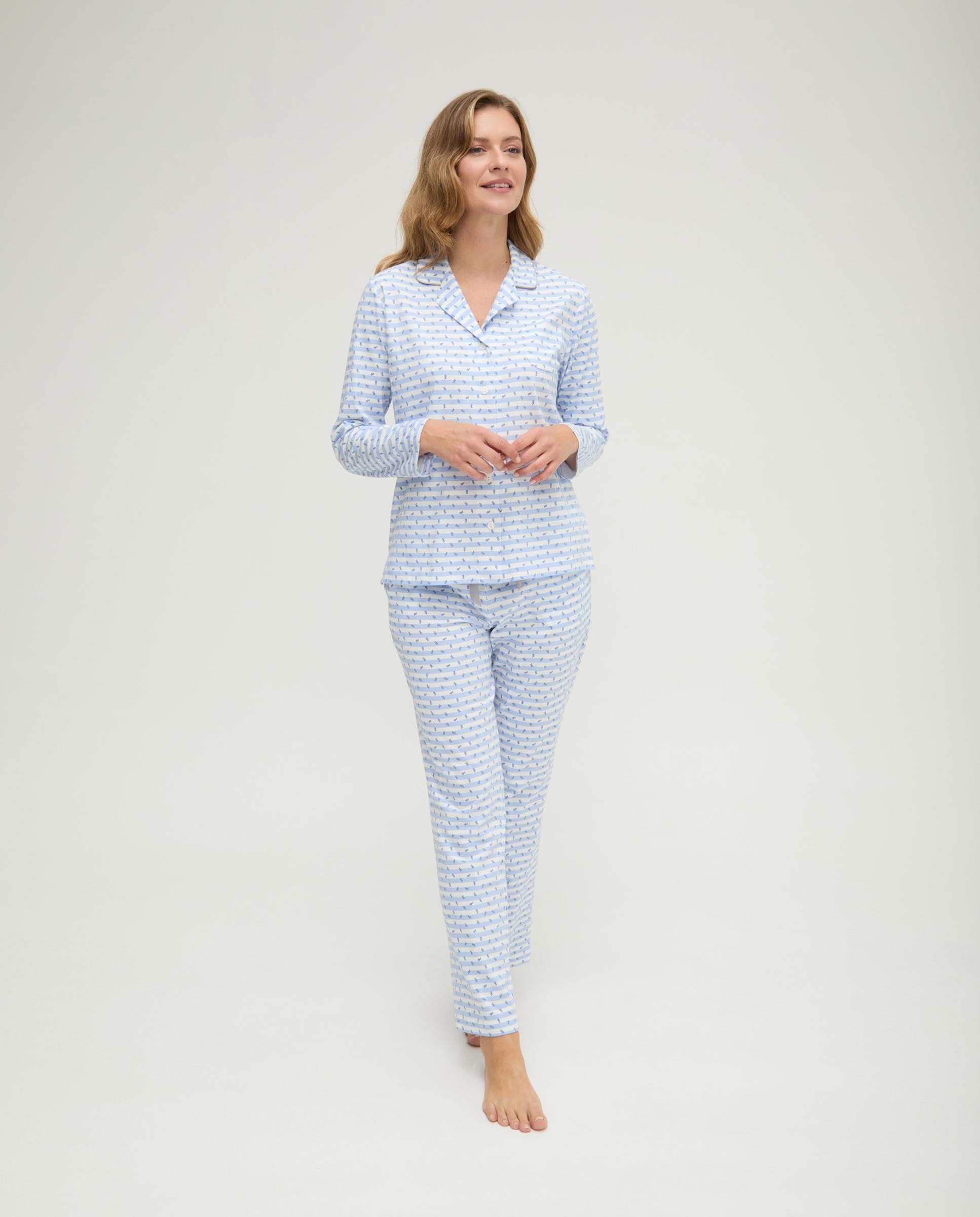 Pijama de mujer con rayas y flores abierto - Lohe - Azul celeste Azul celeste-1