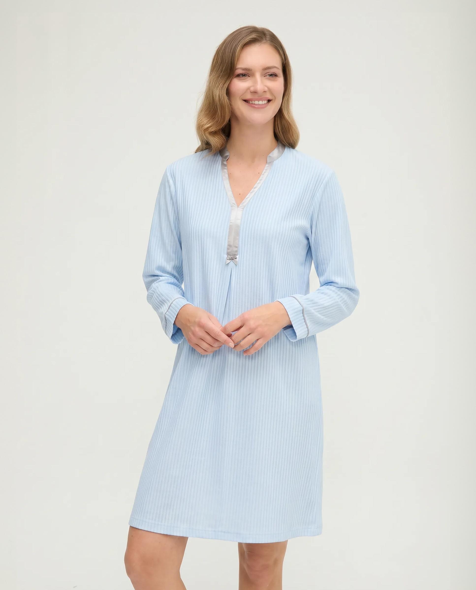 Camisón de mujer lencero raso manga larga - Lohe - Azul celeste Azul celeste-1