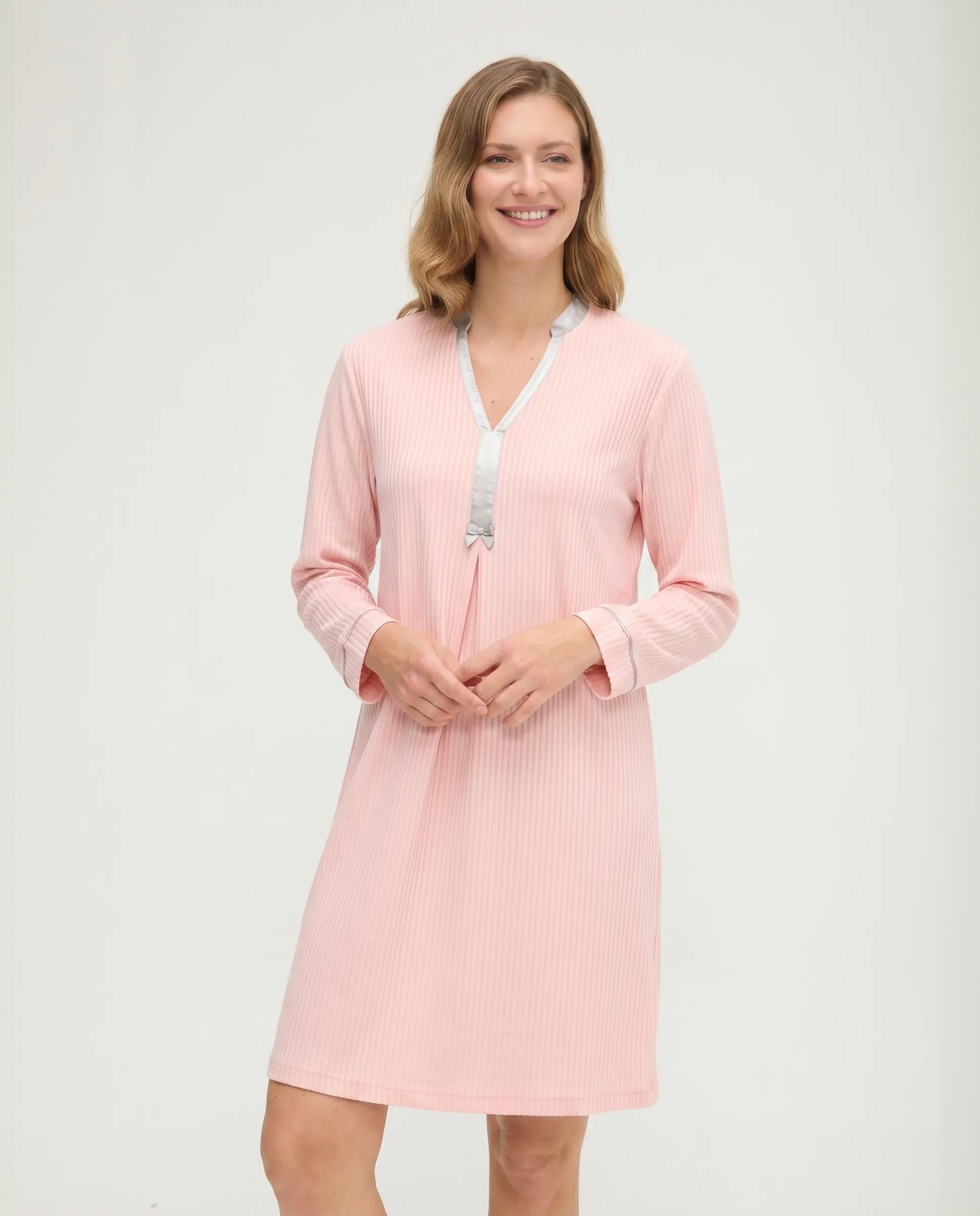Camisón de mujer lencero raso manga larga - Lohe - Rosa Rosa-1