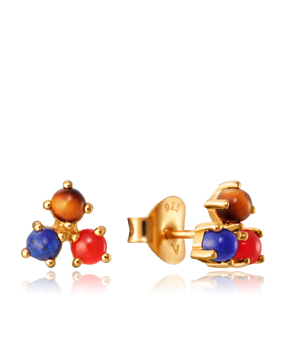Pendientes de plata  bañada en oro con 3 piedras naturales multicolor Multicolor-2