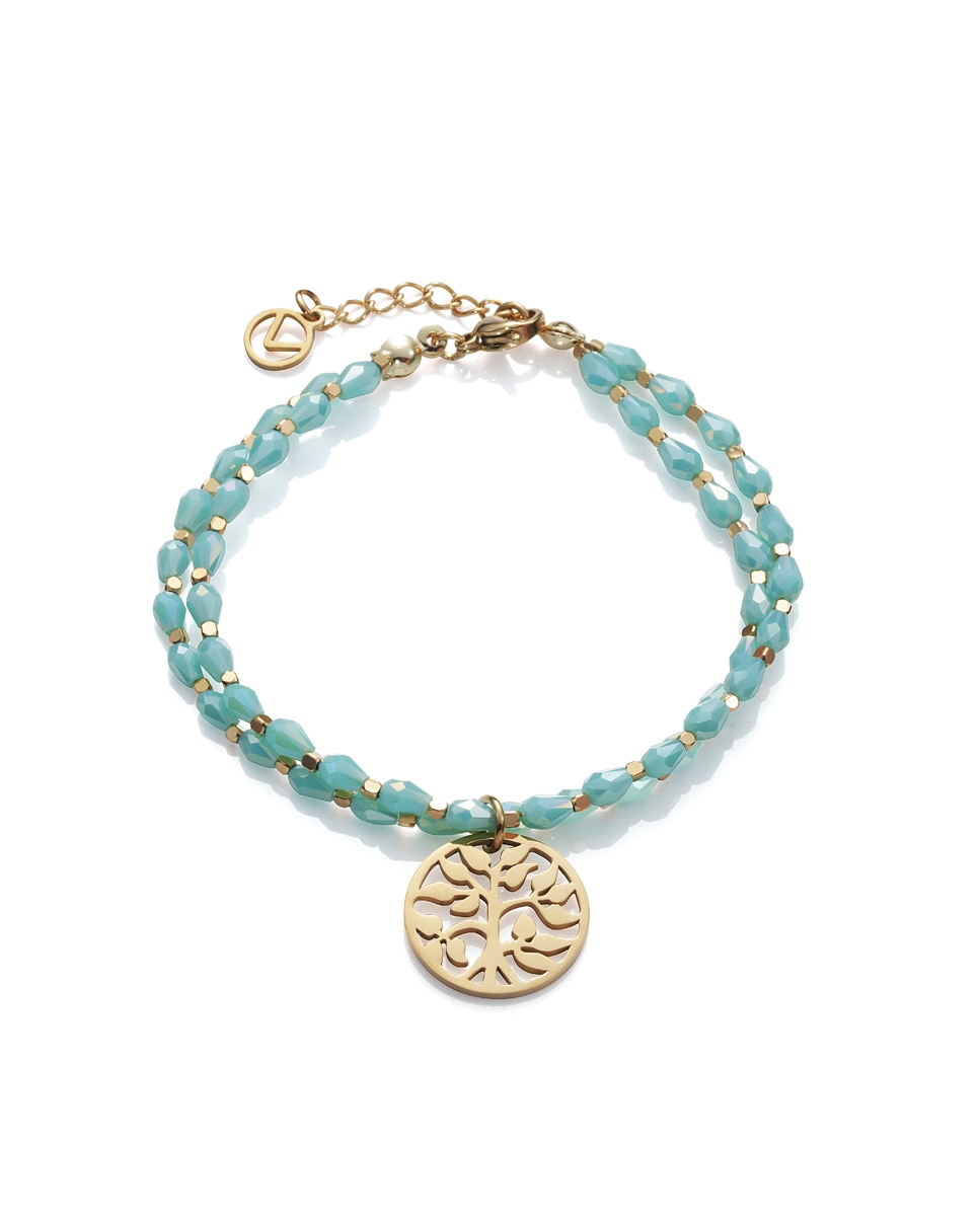 Pulsera chic de acero dorado con piedras azules y motivo del árbol de la vida