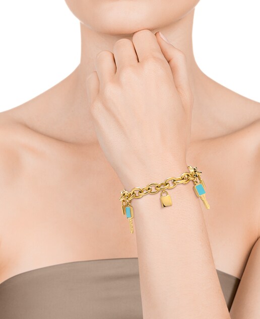 Imagen 0 de Pulsera Chic de acero dorado con eslabones y abalorios con esmalte azul