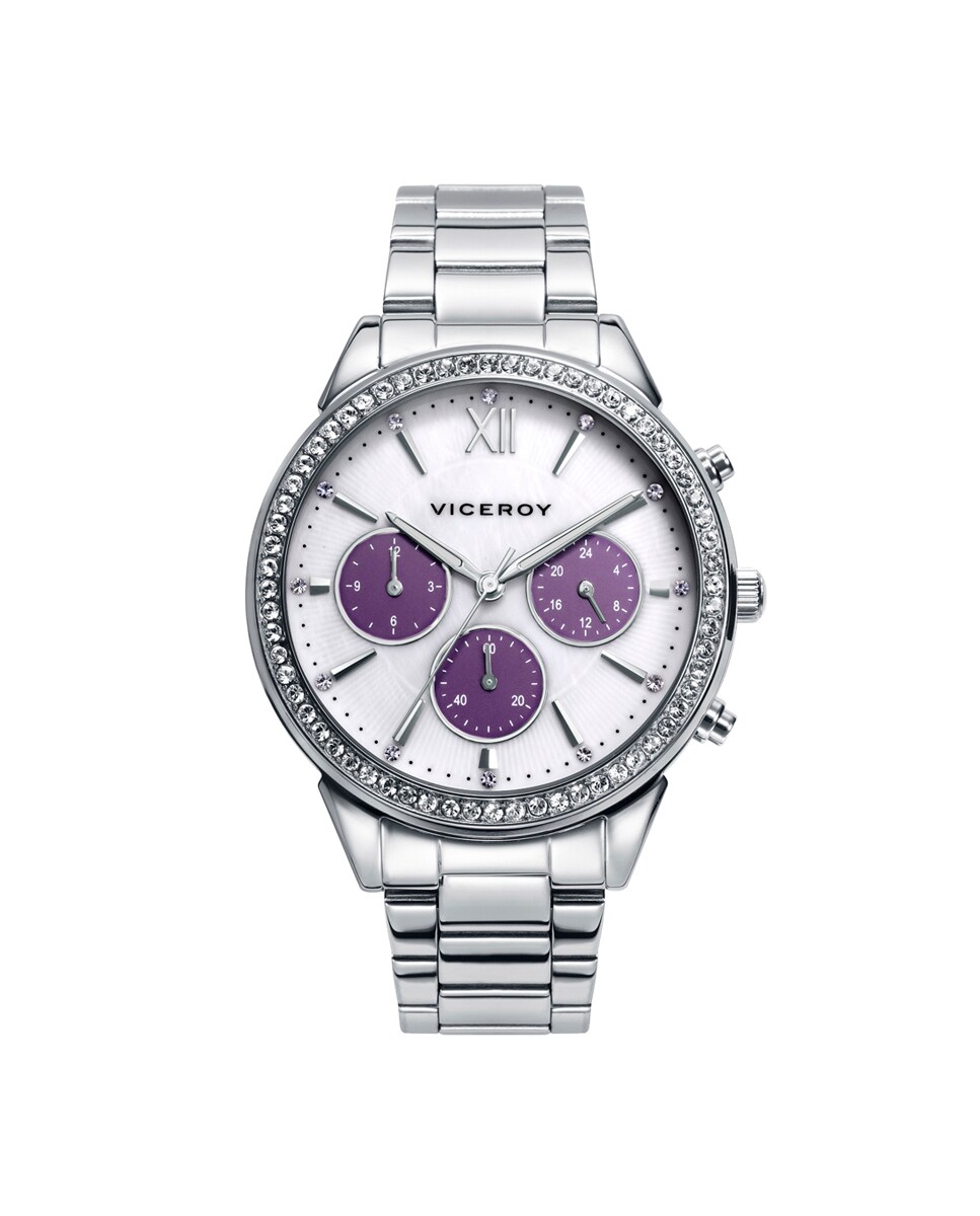 Reloj de mujer Chic de acero multifunción con esfera de madreperla y bisel con circonitas Plata-1