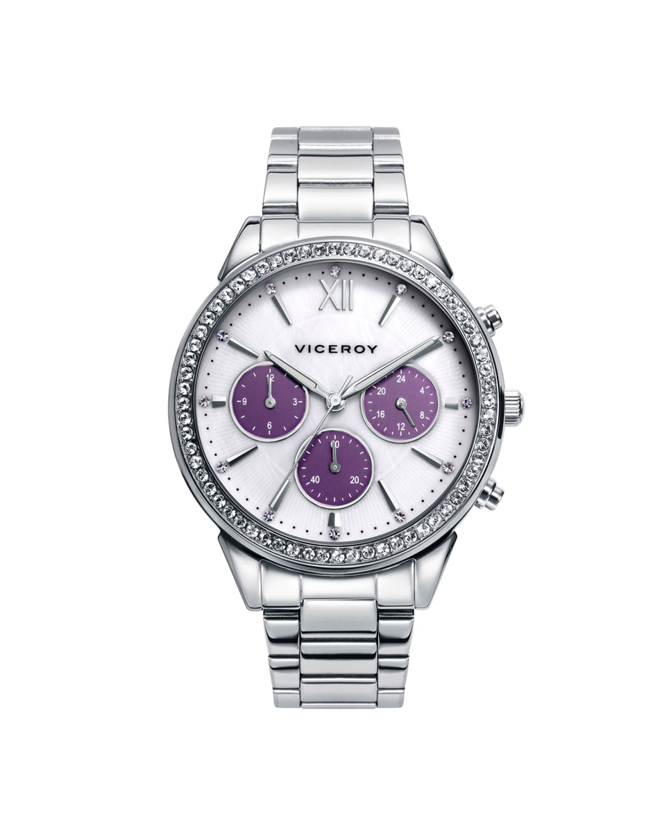 Reloj de mujer Chic de acero multifunción con esfera de madreperla y bisel con circonitas Plata-1