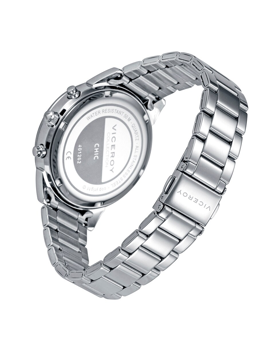 Reloj de mujer Chic de acero multifunción con esfera de madreperla y bisel con circonitas Plata-2