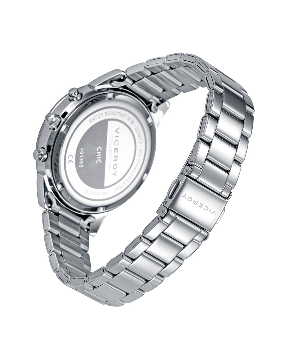 Reloj de mujer Chic de acero multifunción con esfera de madreperla y bisel con circonitas Plata-2