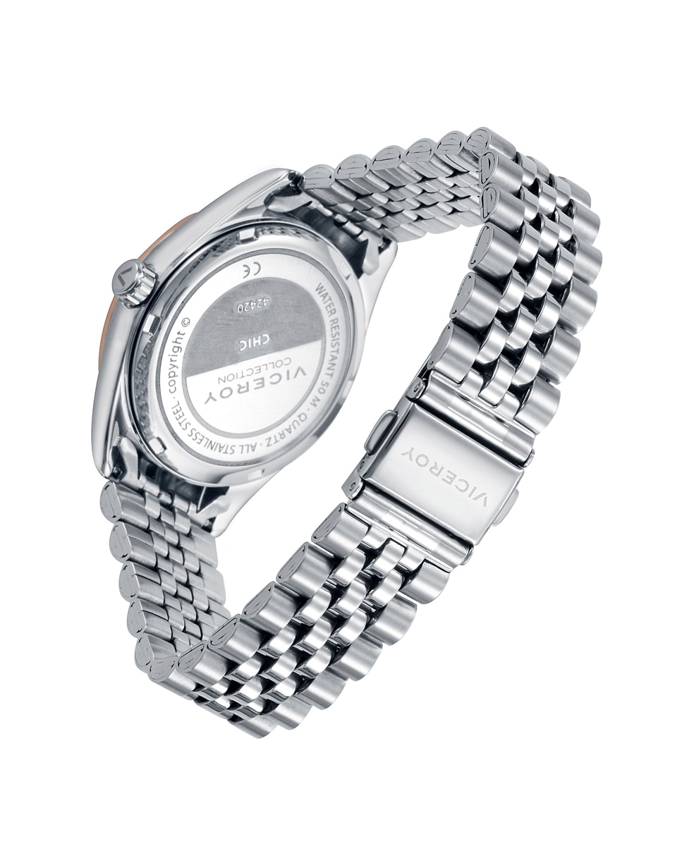 Reloj de mujer Chic de acero con esfera verde y bisel IP rosa Plata-2