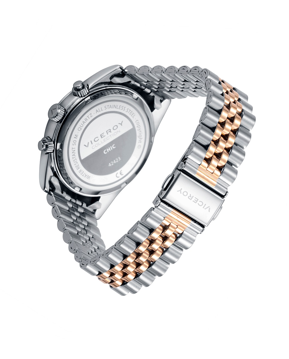 Reloj analógico de hombre multifunción de acero con esfera negra y correa bicolor Plata / Rosa Viceroy Plata / Rosa-2