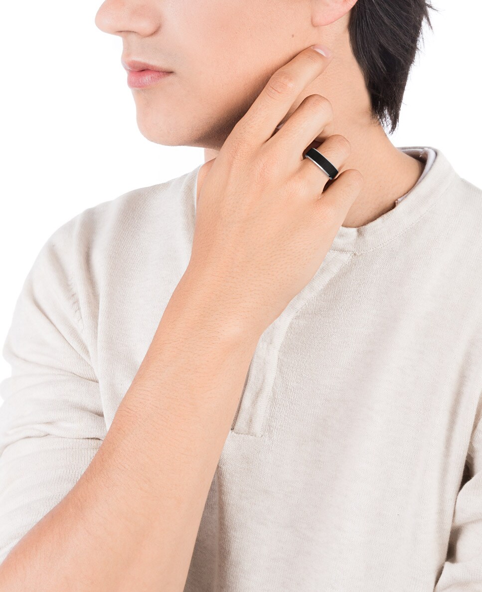 Anillo de hombre Magnum de acero con textura IP Gun negro Plata-2