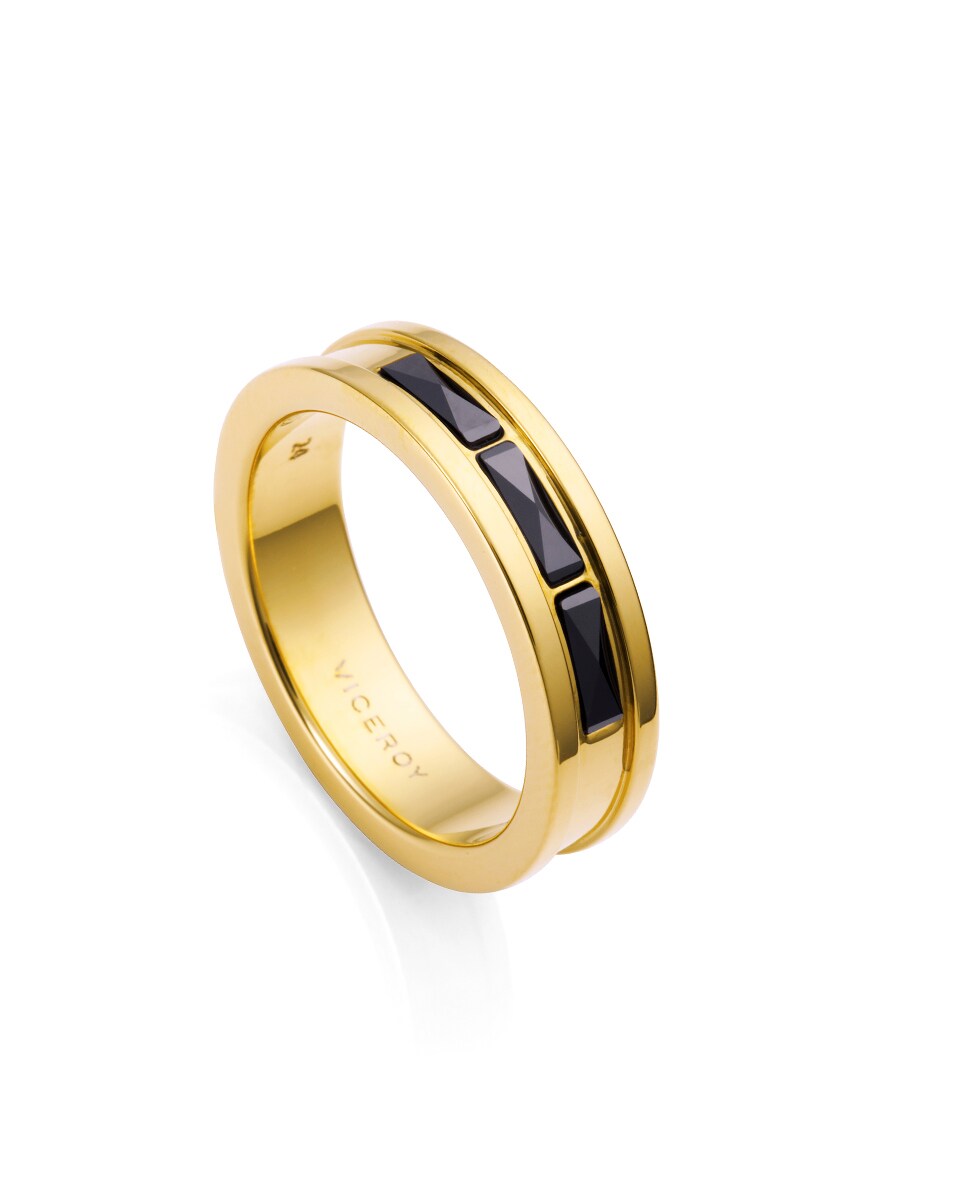 Anillo de hombre Magnum en acero Ip dorado con motivo de cerámica en negro  24 Oro
